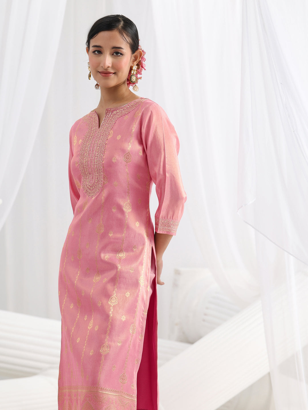  Pink Woven Design Silk Blend Straight Suit Set With Dupatta 