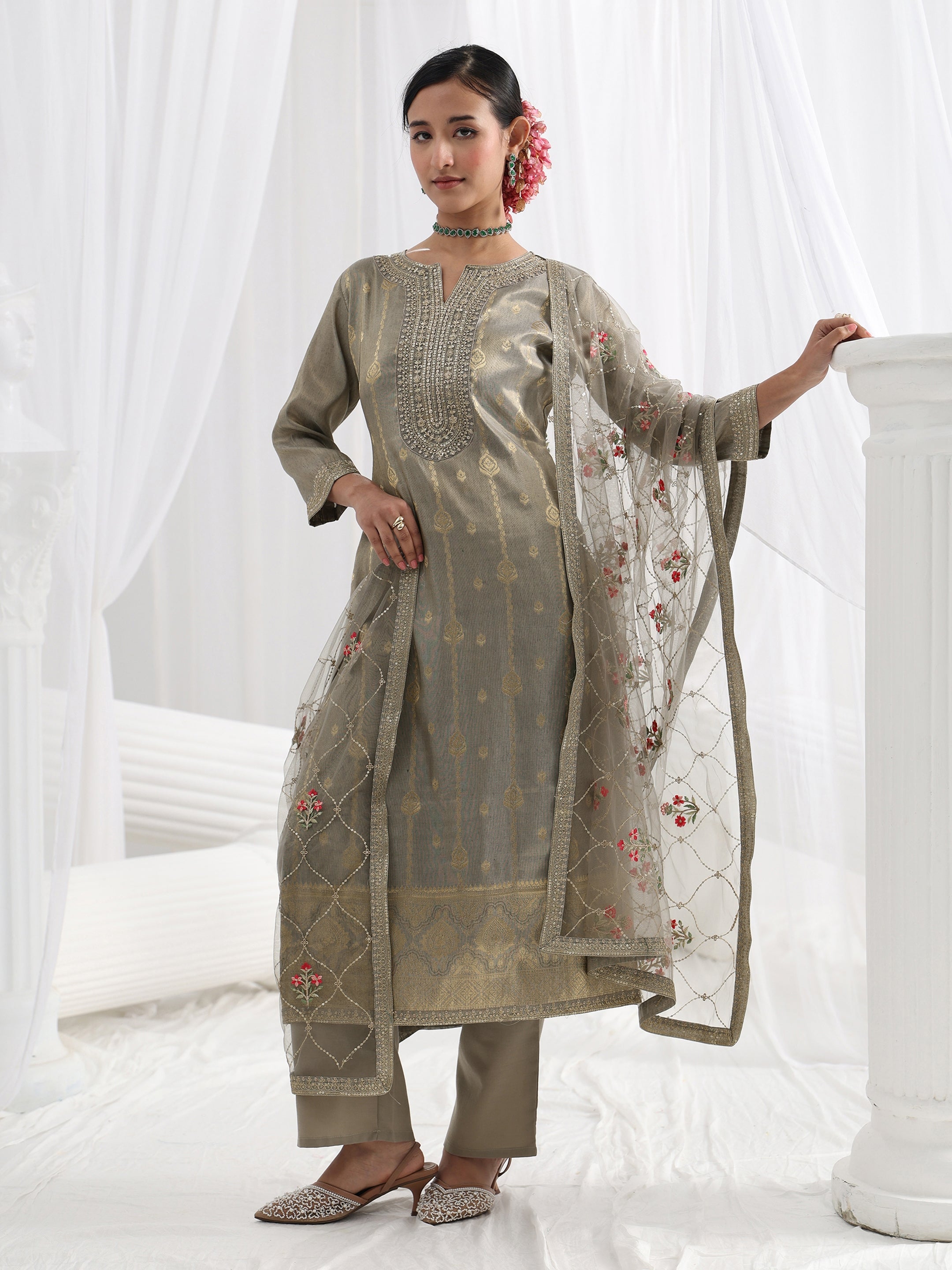 libas Grey Woven Design Silk Blend Straight Suit Set With Dupatta-picture-19