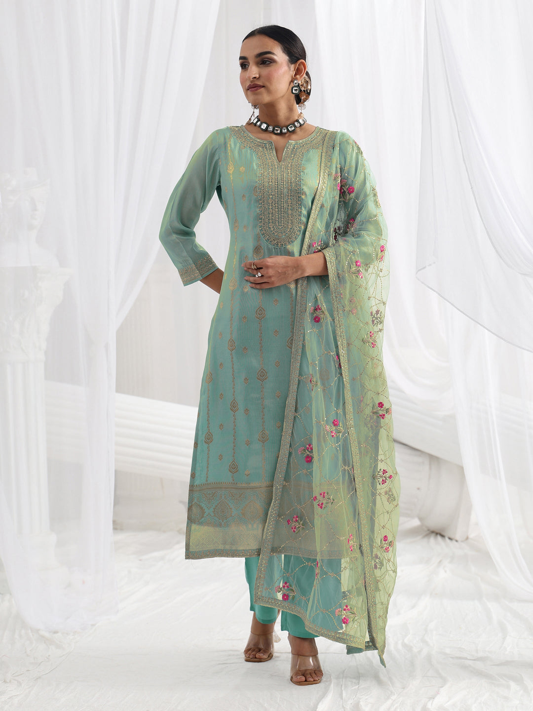  Blue Woven Design Silk Blend Straight Suit Set With Dupatta 