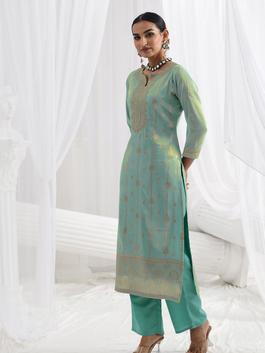  Blue Woven Design Silk Blend Straight Suit Set With Dupatta 