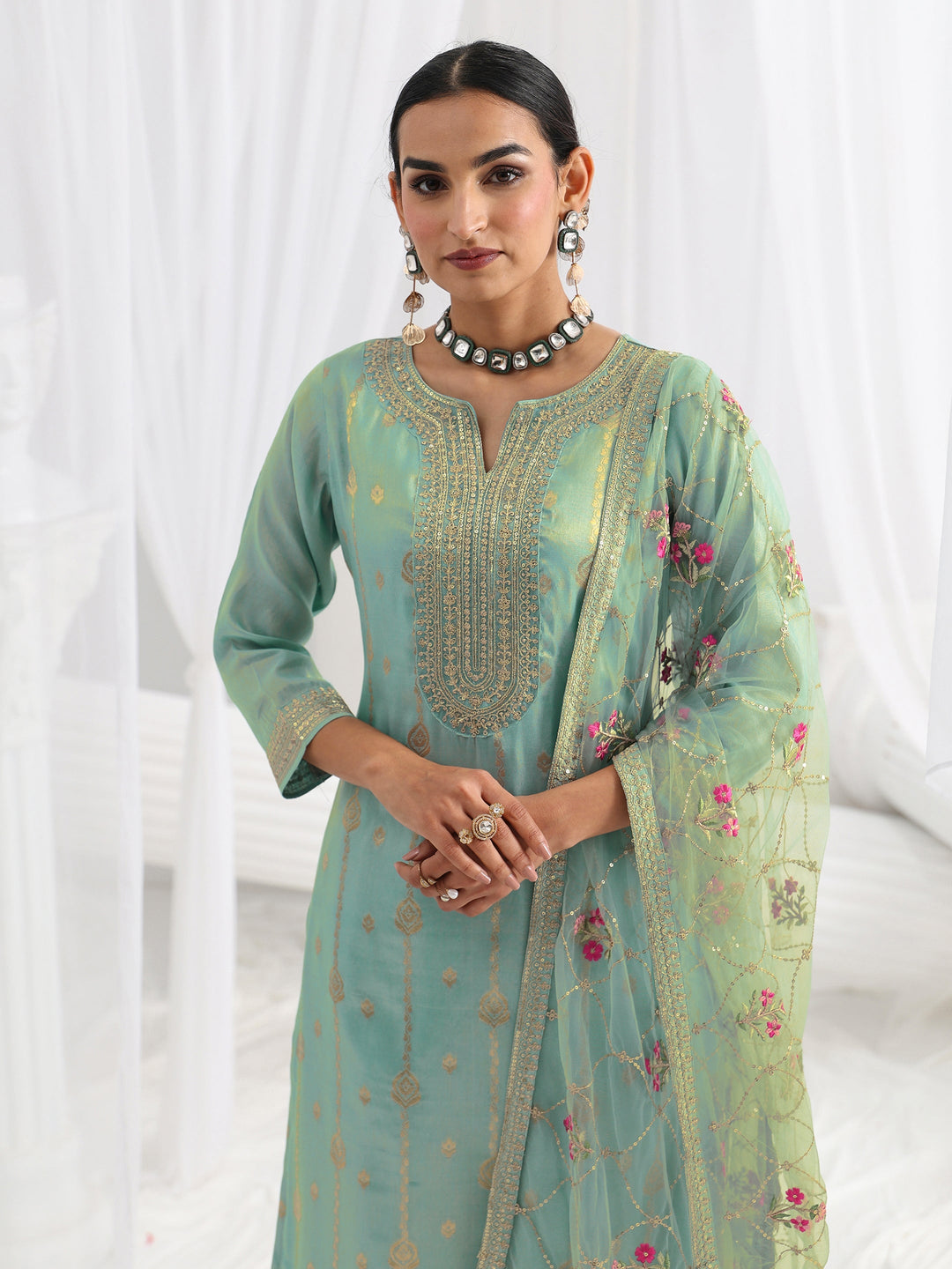  Blue Woven Design Silk Blend Straight Suit Set With Dupatta 