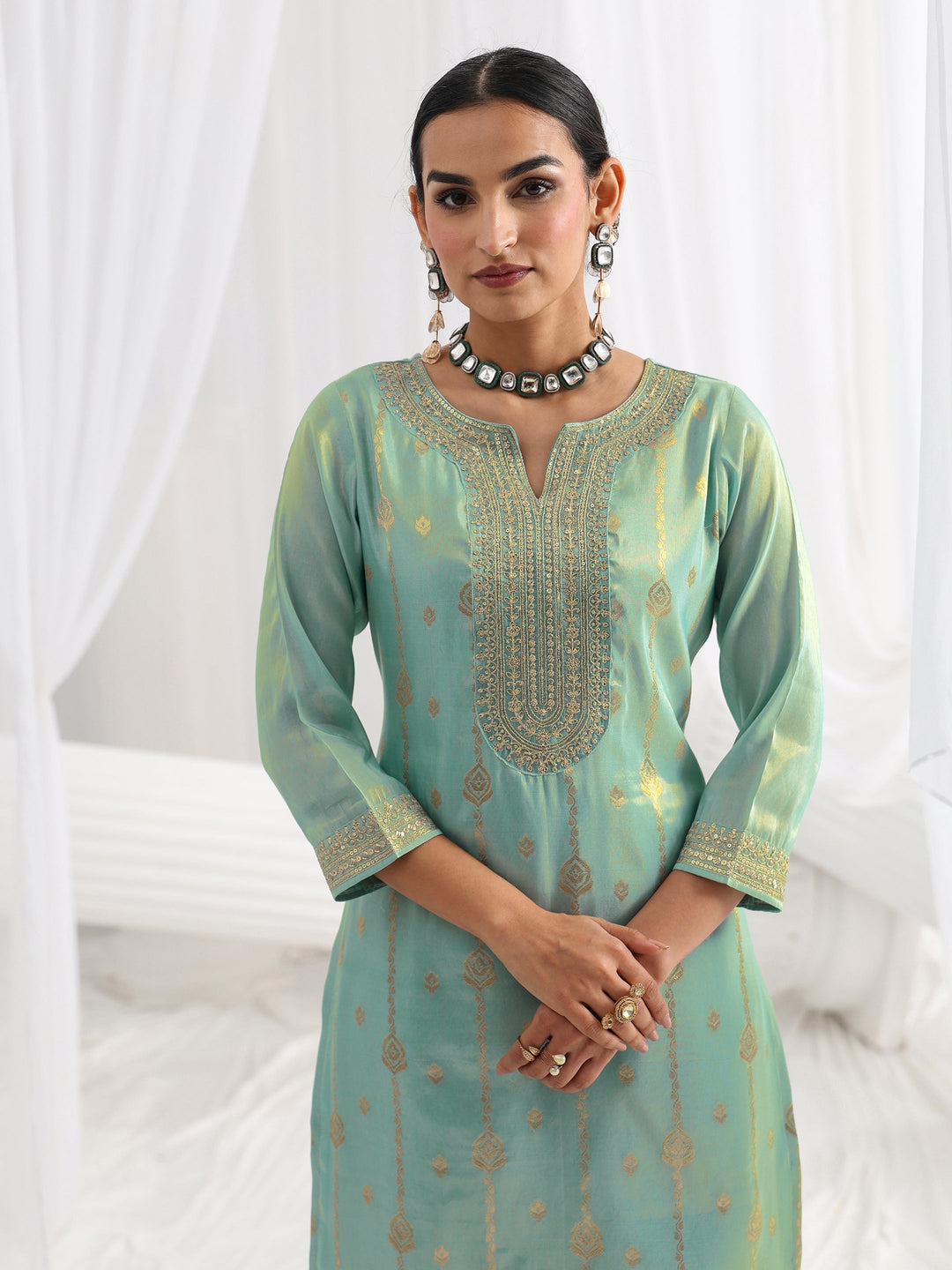  Blue Woven Design Silk Blend Straight Suit Set With Dupatta 