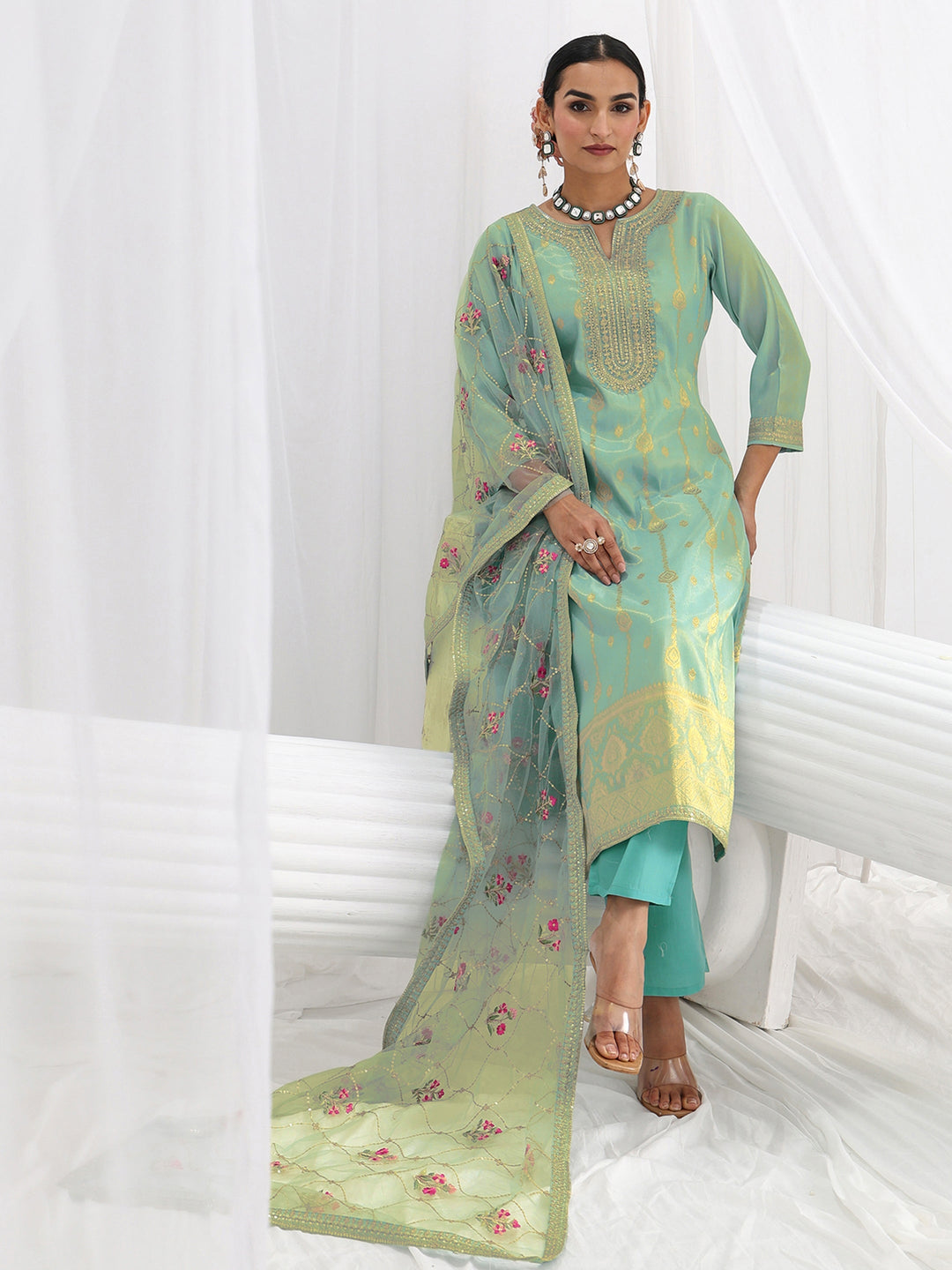  Blue Woven Design Silk Blend Straight Suit Set With Dupatta 