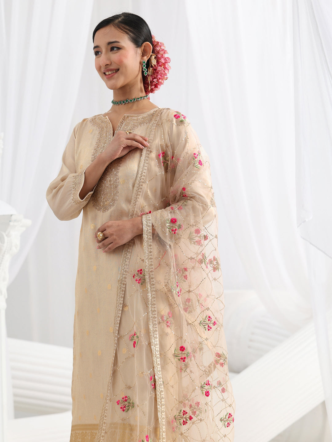  Cream Woven Design Silk Blend Straight Suit Set With Dupatta 