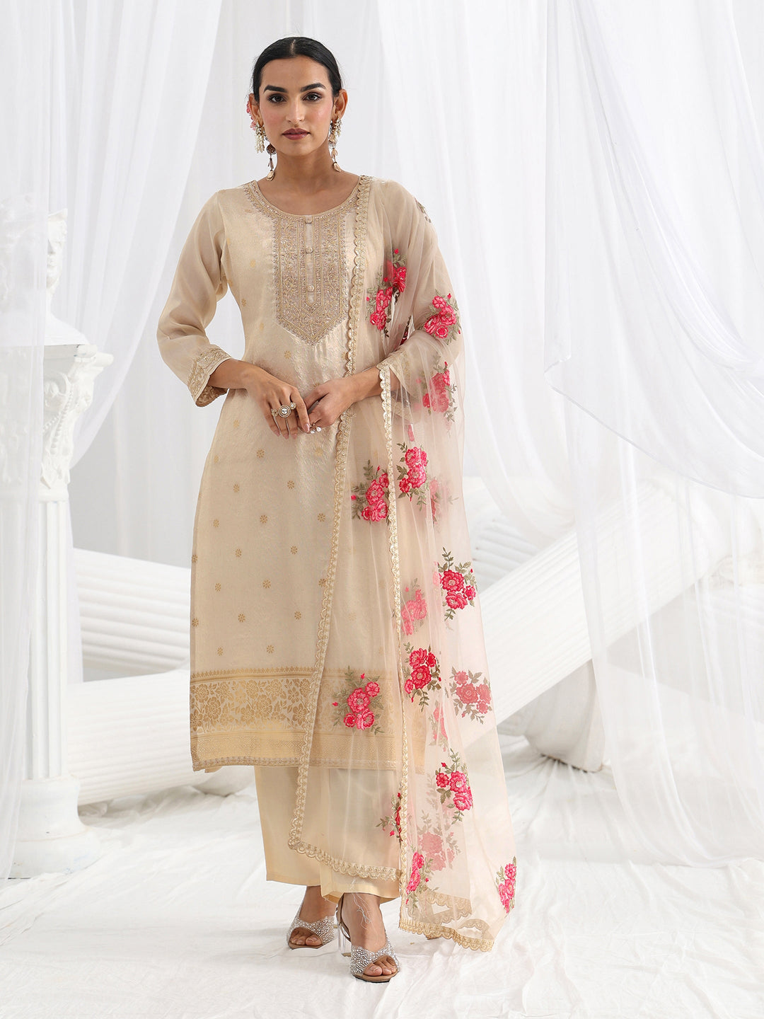  Cream Woven Design Silk Blend Straight Suit Set With Dupatta 