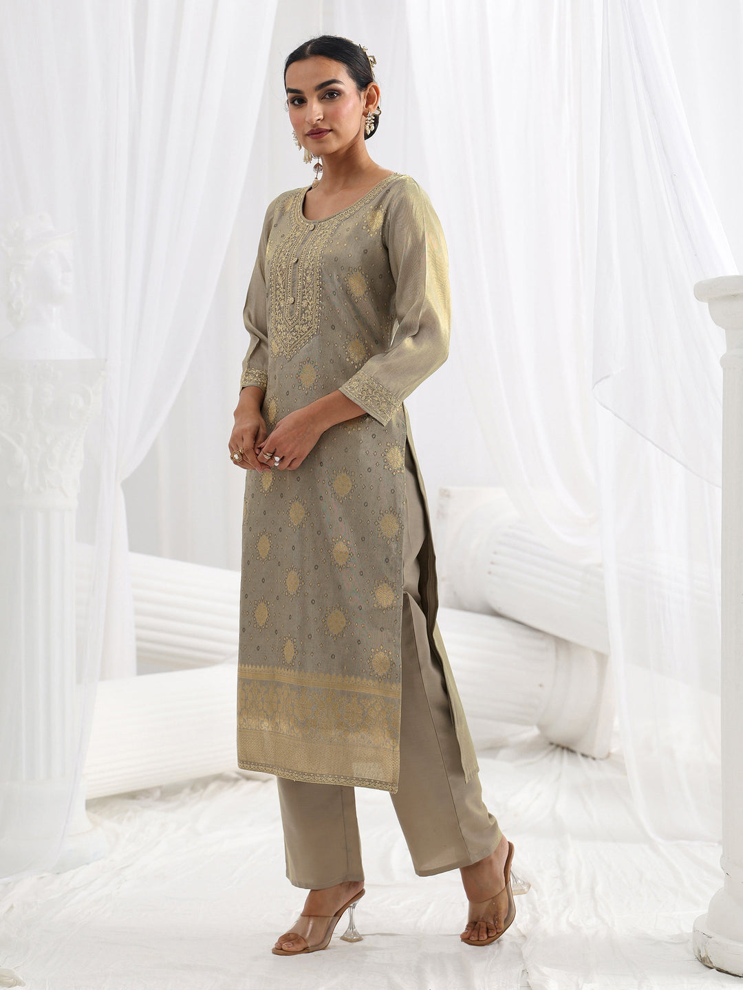  Grey Woven Design Silk Blend Straight Suit Set With Dupatta 