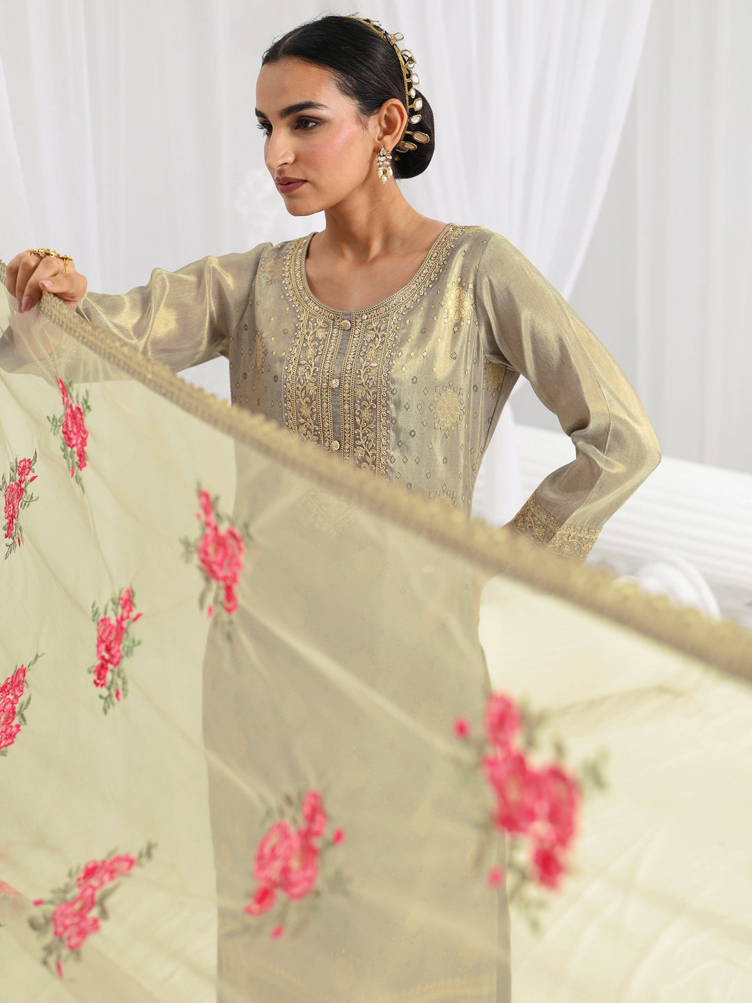  Grey Woven Design Silk Blend Straight Suit Set With Dupatta 
