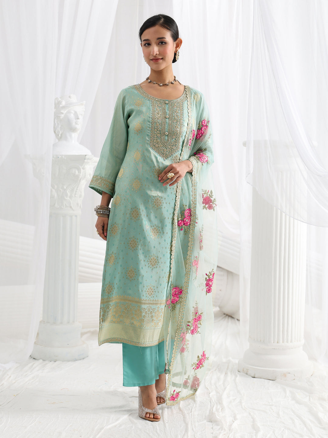  Blue Woven Design Silk Blend Straight Suit Set With Dupatta 