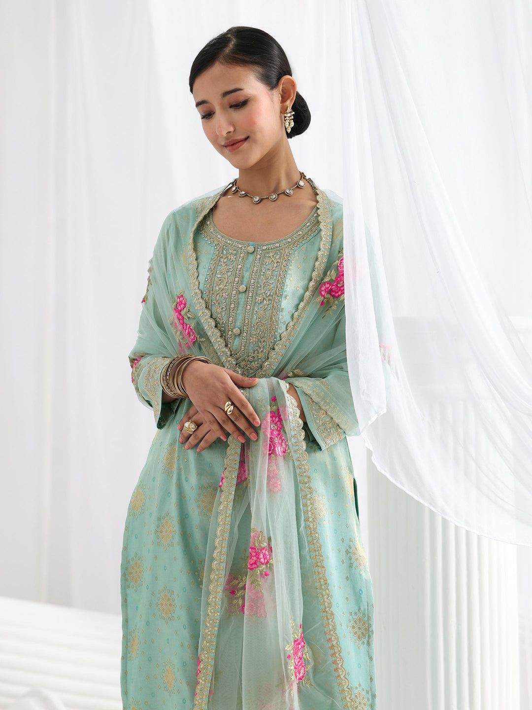  Blue Woven Design Silk Blend Straight Suit Set With Dupatta 