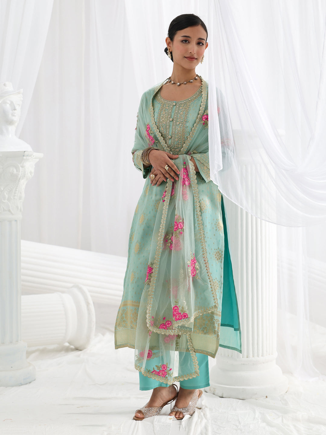 Blue Woven Design Silk Blend Straight Suit Set With Dupatta