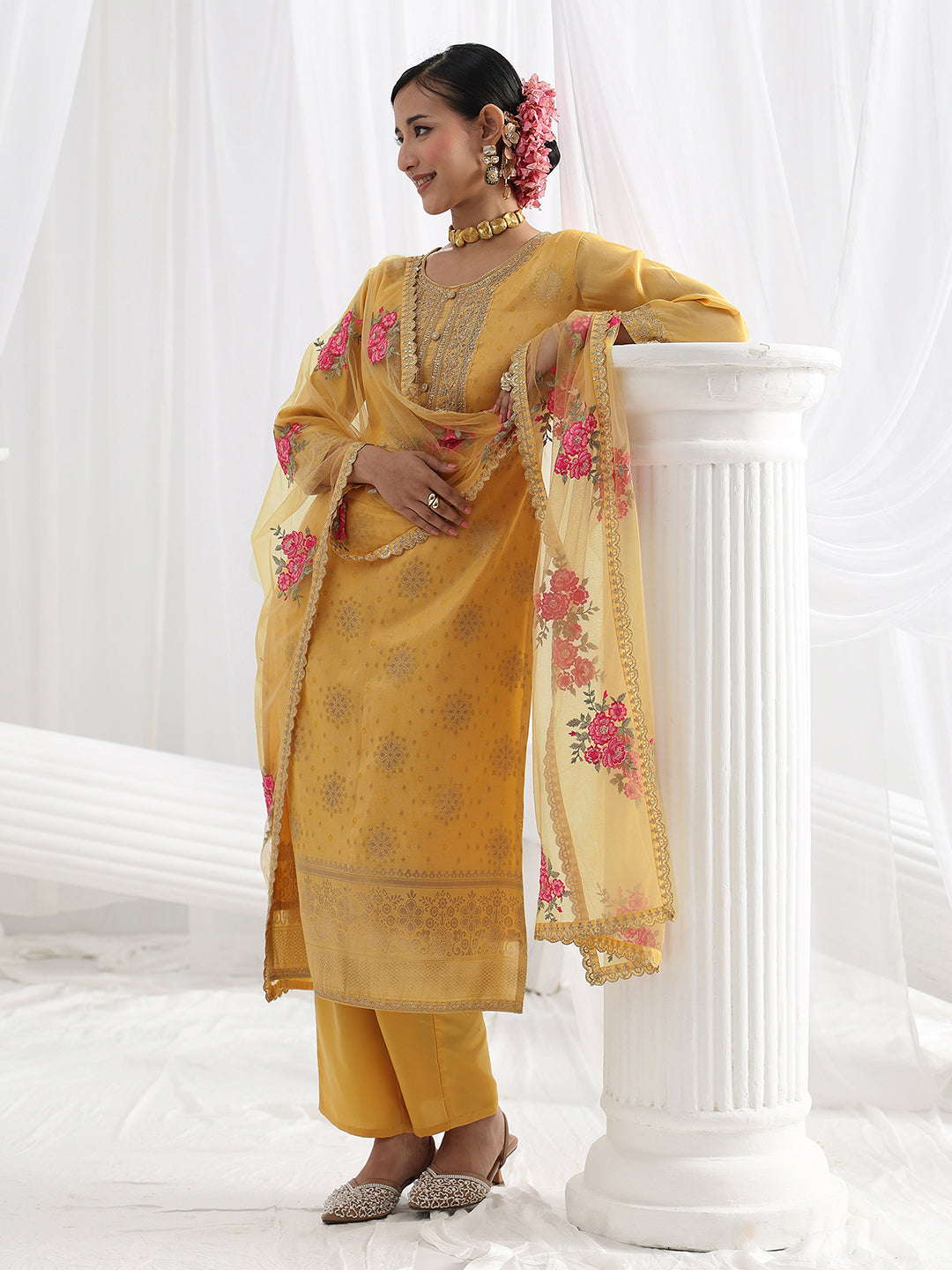libas Yellow Woven Design Silk Blend Straight Suit Set With Dupatta-picture-30