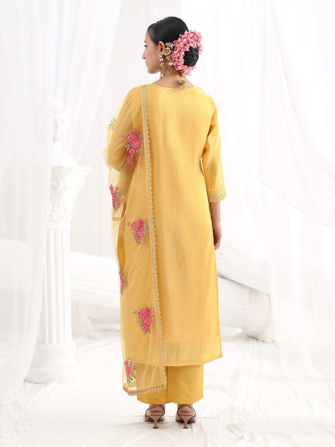  Yellow Woven Design Silk Blend Straight Suit Set With Dupatta 
