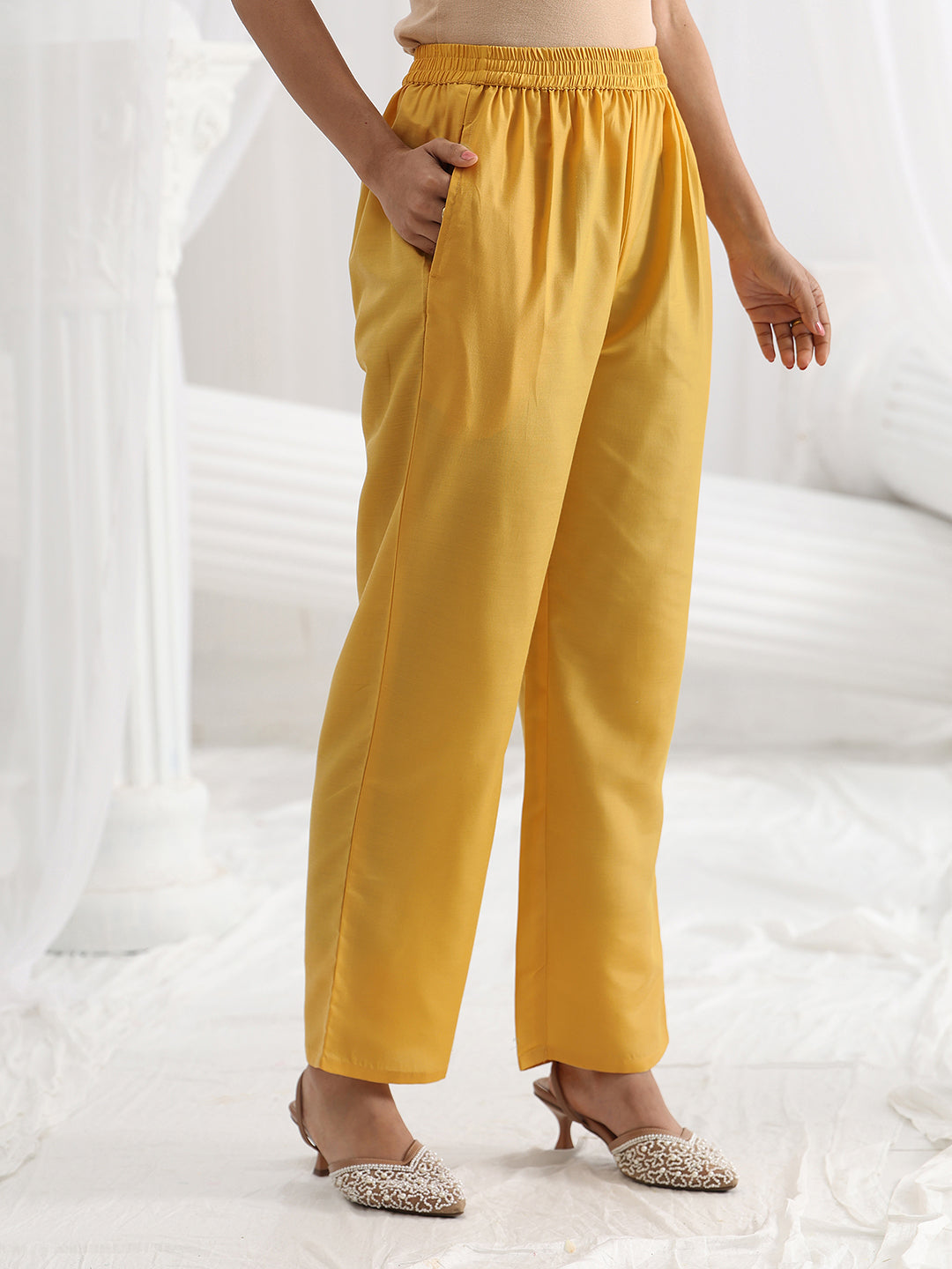  Yellow Woven Design Silk Blend Straight Suit Set With Dupatta 