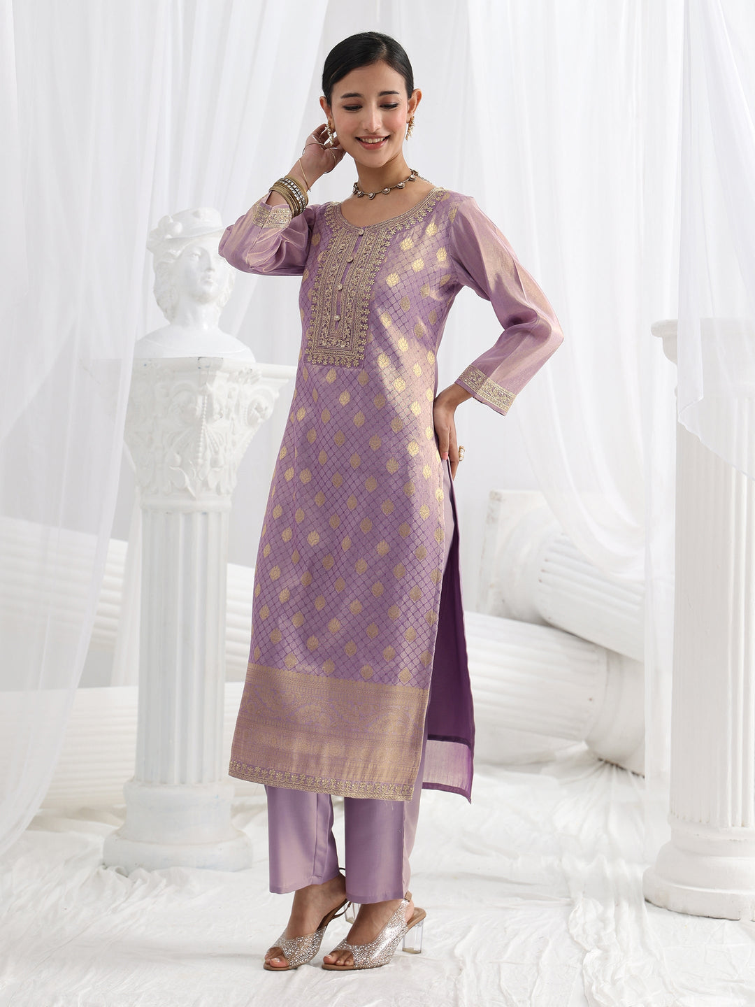  Lavender Woven Design Silk Blend Straight Suit Set With Dupatta 