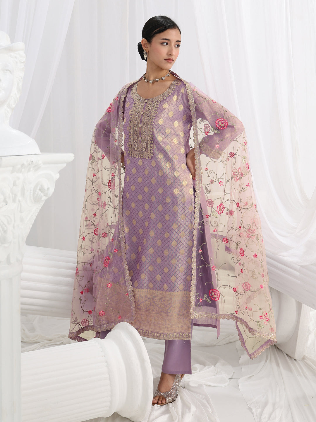  Lavender Woven Design Silk Blend Straight Suit Set With Dupatta 
