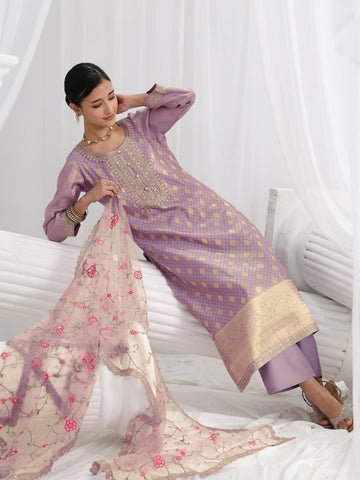 Lavender Woven Design Silk Blend Straight Suit Set With Dupatta
