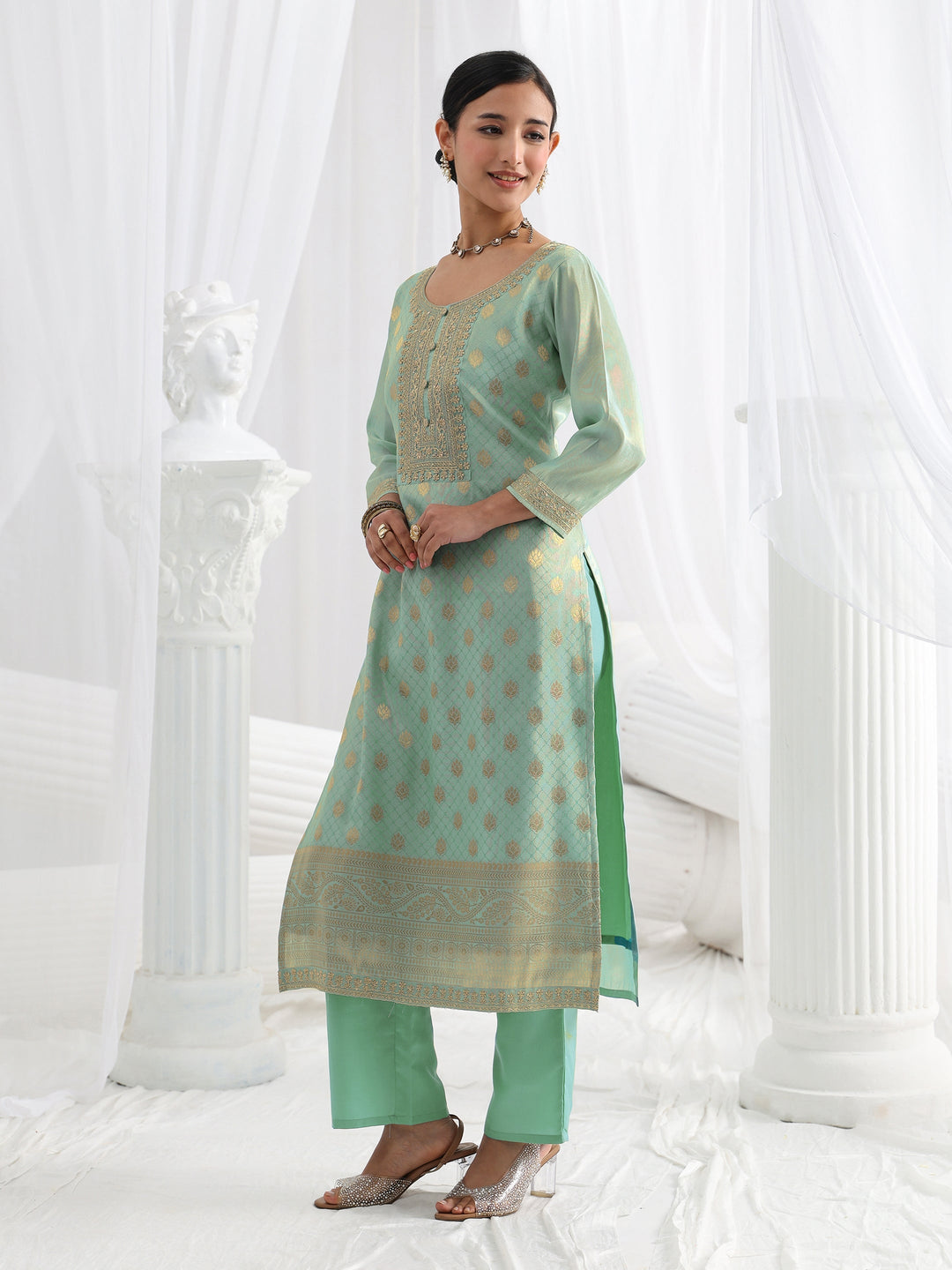  Blue Woven Design Silk Blend Straight Suit Set With Dupatta 