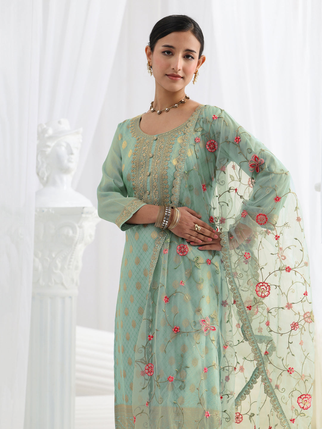  Blue Woven Design Silk Blend Straight Suit Set With Dupatta 