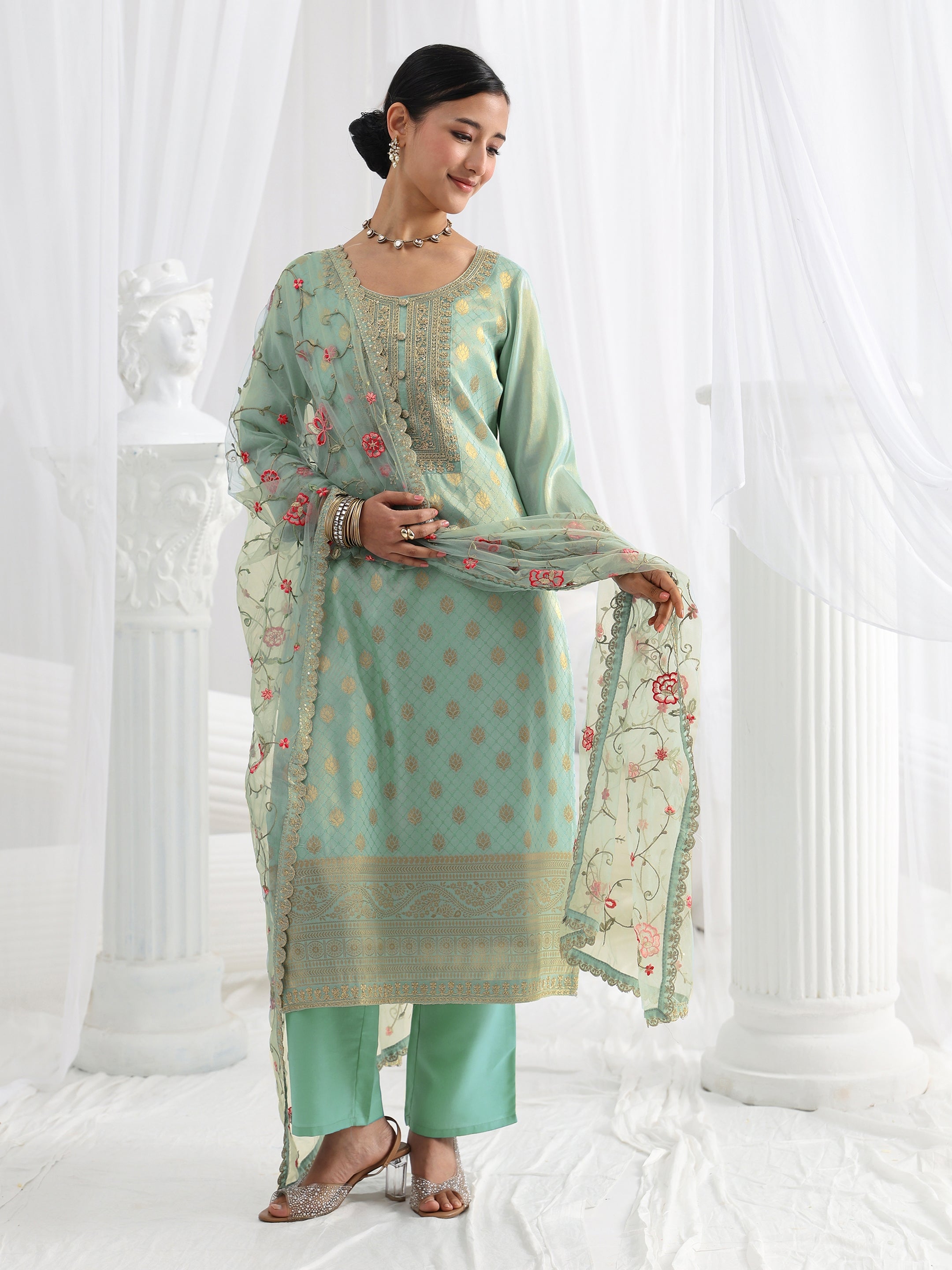 libas Blue Woven Design Silk Blend Straight Suit Set With Dupatta-picture-20