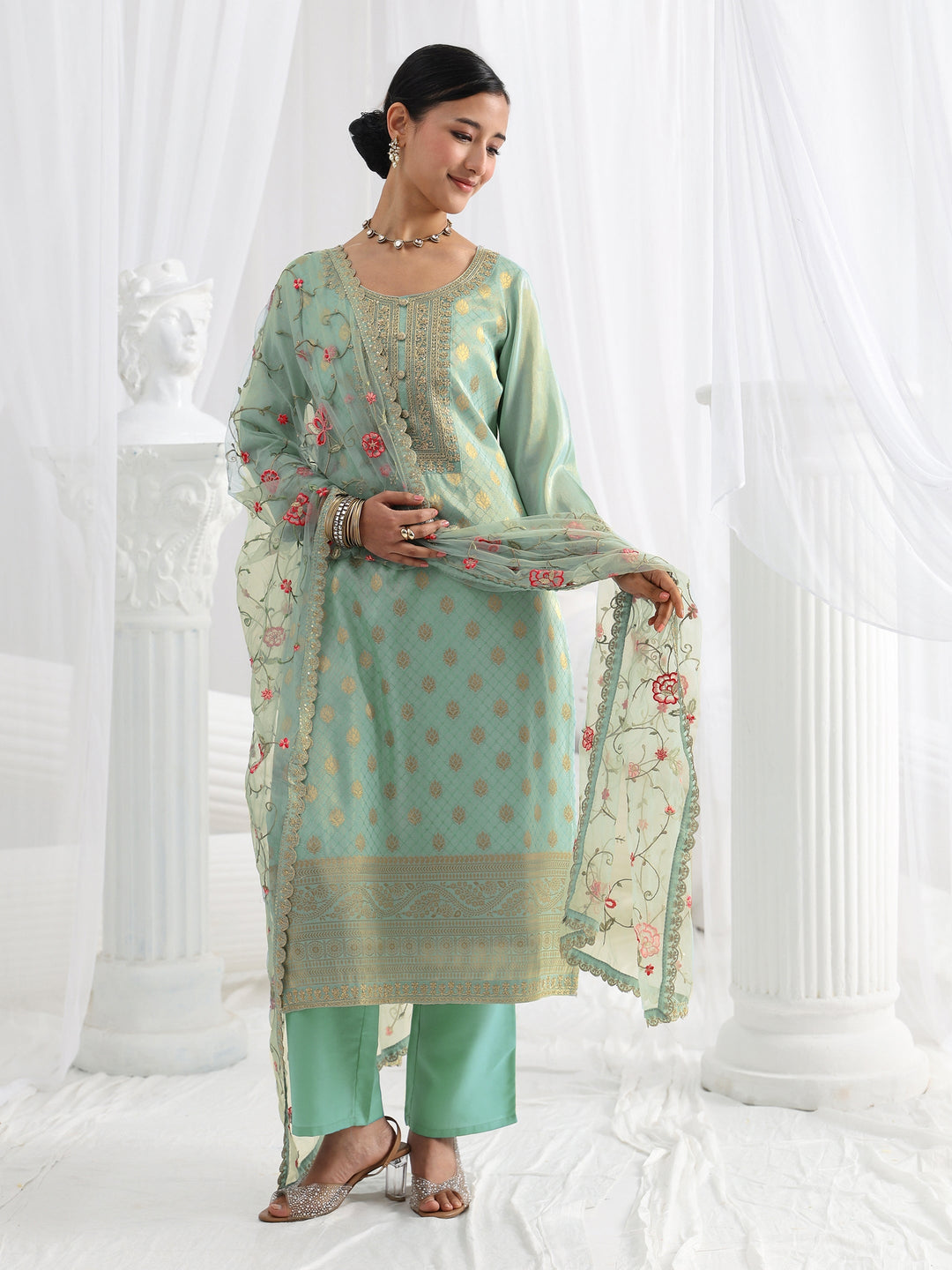 Blue Woven Design Silk Blend Straight Suit Set With Dupatta