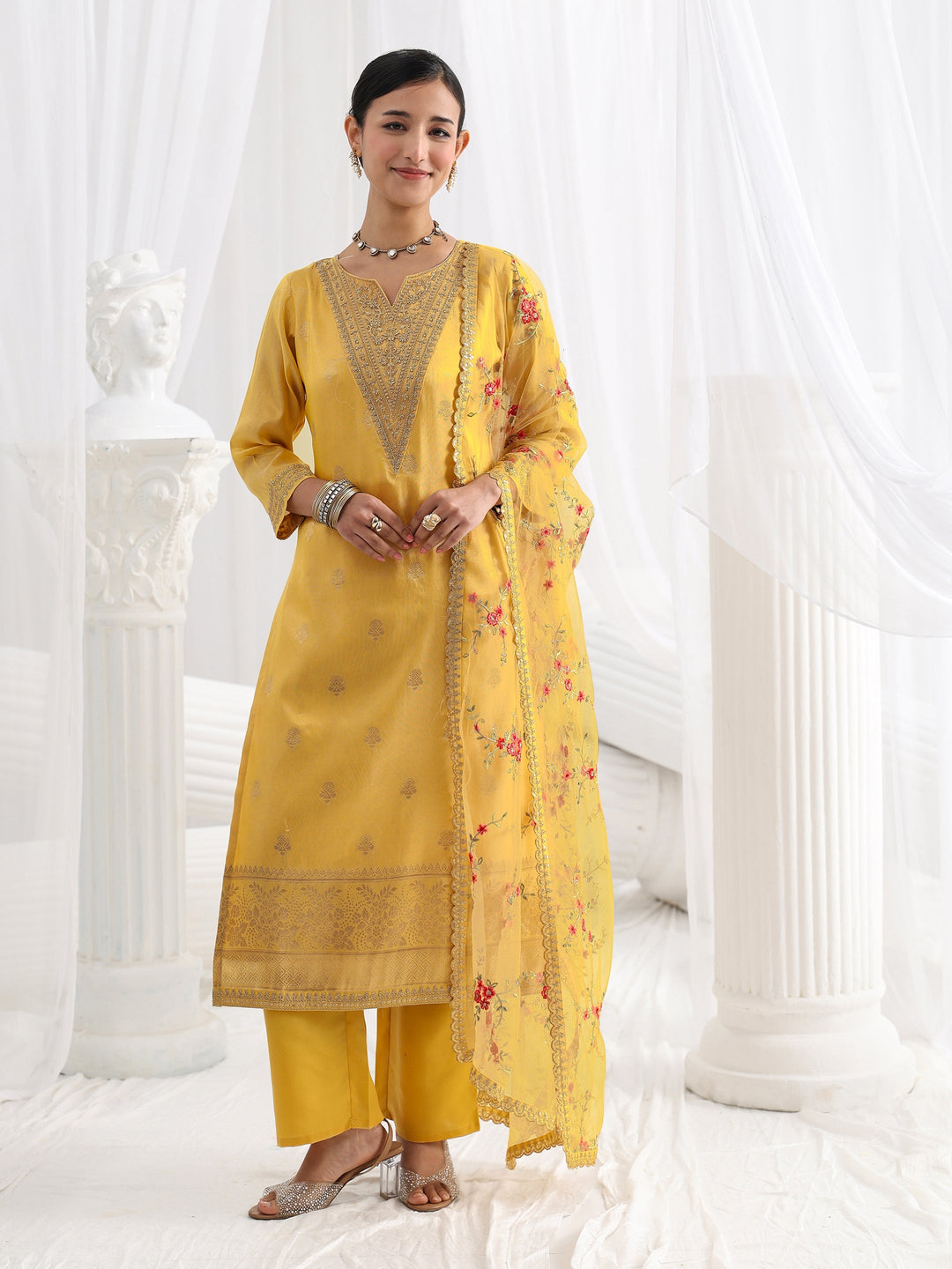  Yellow Woven Design Silk Blend Straight Suit Set With Dupatta 