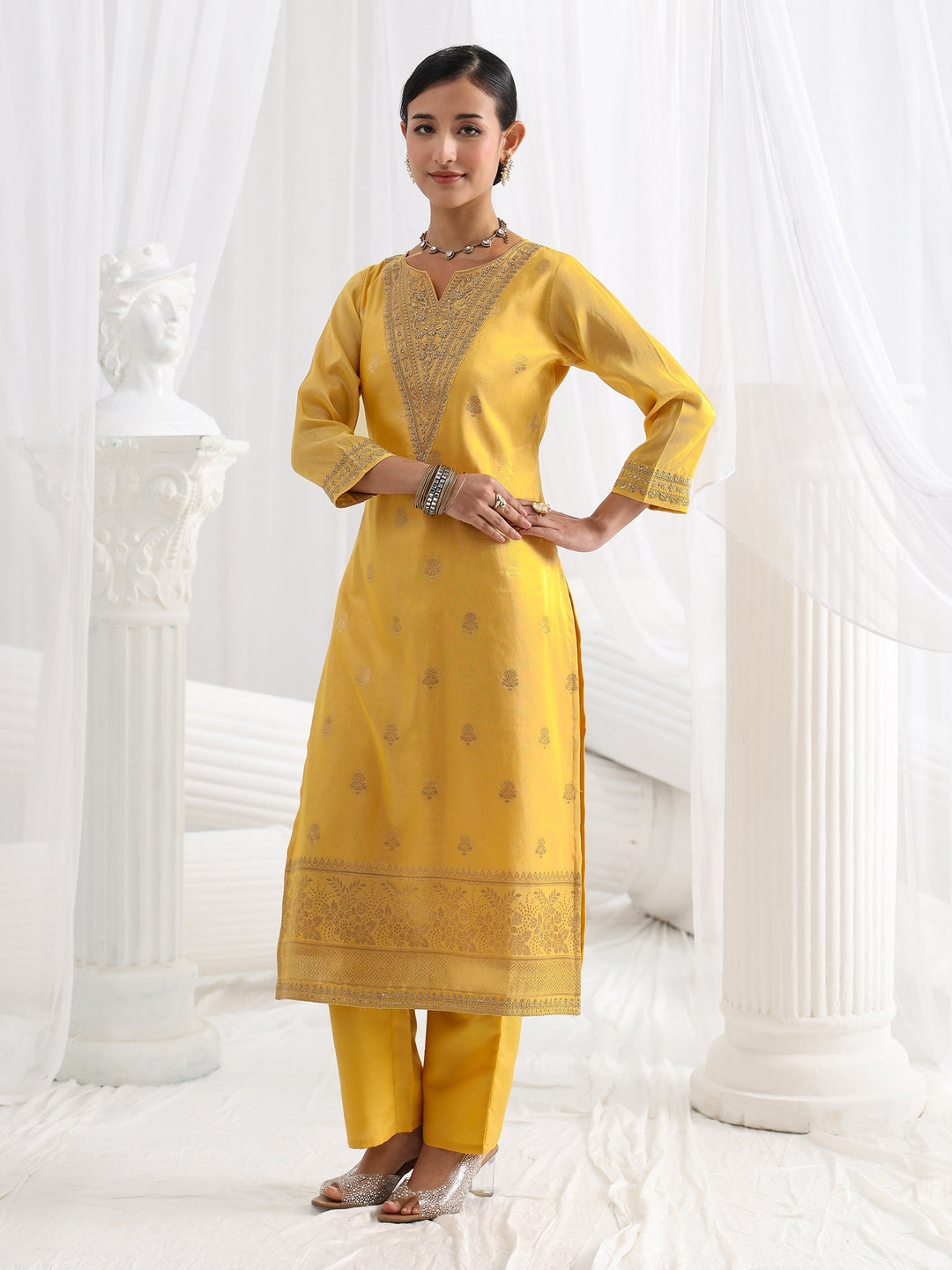  Yellow Woven Design Silk Blend Straight Suit Set With Dupatta 