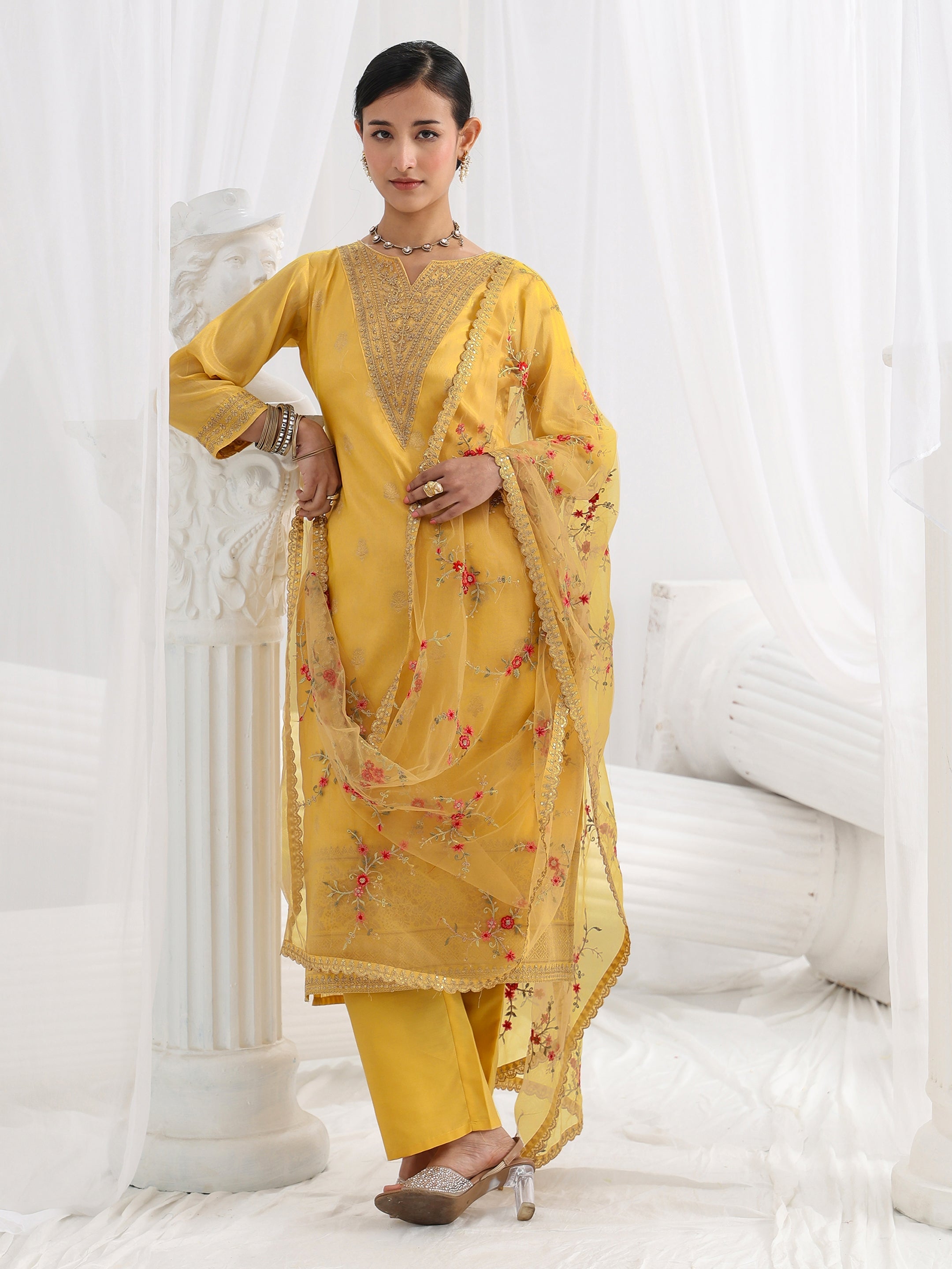 libas Yellow Woven Design Silk Blend Straight Suit Set With Dupatta-picture-31
