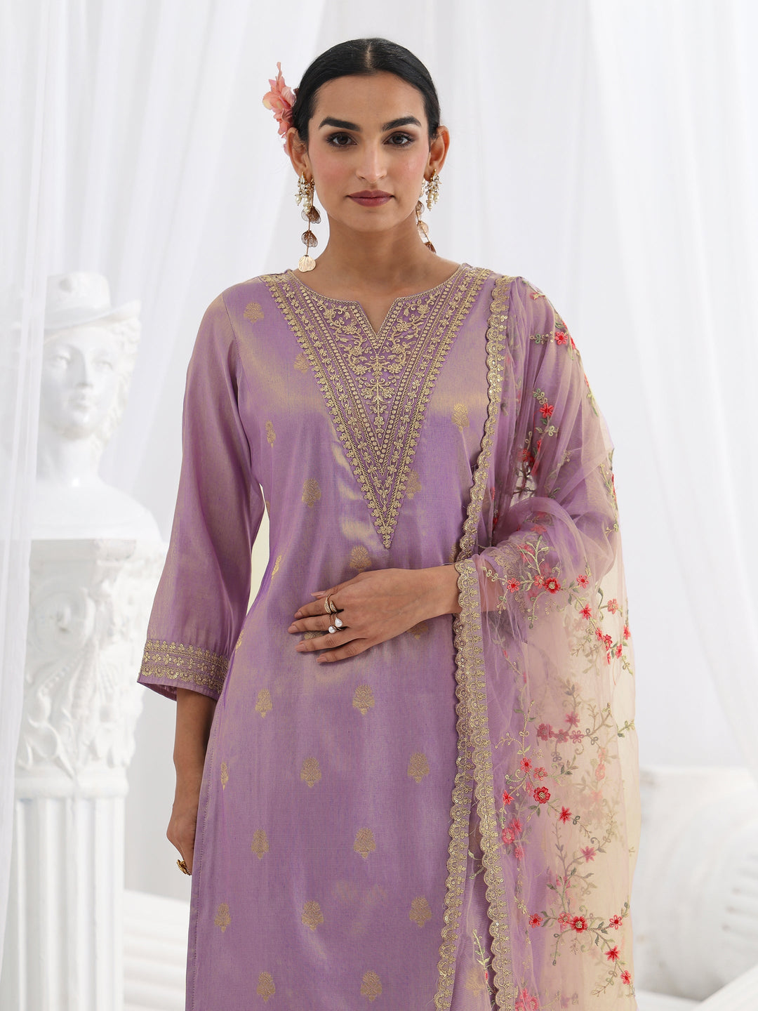  Lavender Woven Design Silk Blend Straight Suit Set With Dupatta 