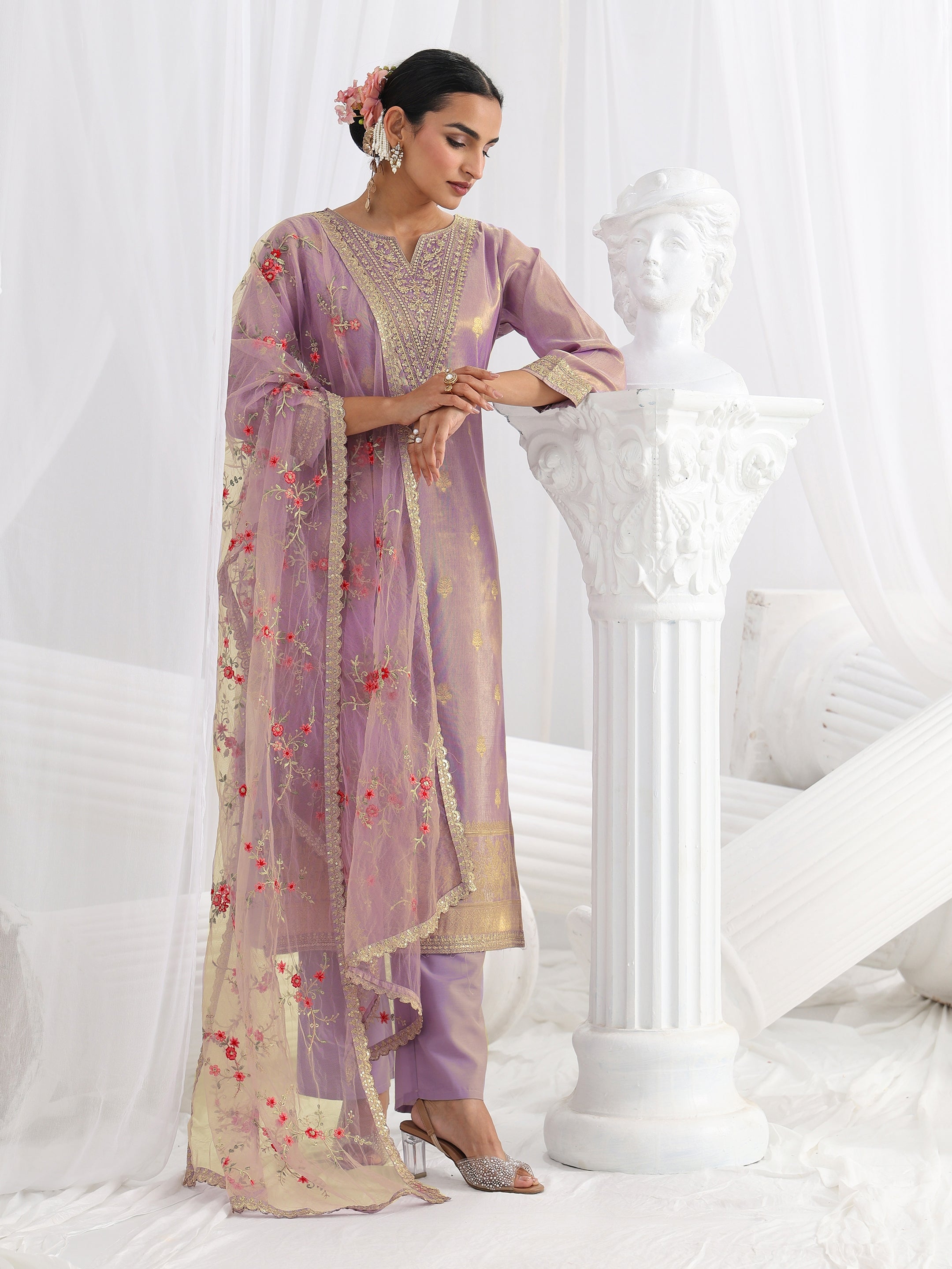 libas Lavender Woven Design Silk Blend Straight Suit Set With Dupatta-picture-59