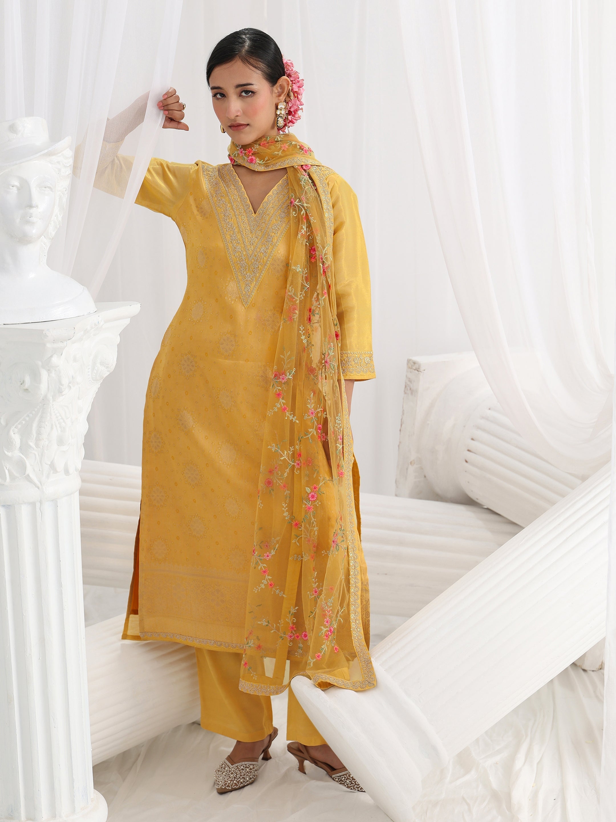libas Yellow Embroidered Silk Blend Straight Suit Set With Dupatta-picture-21