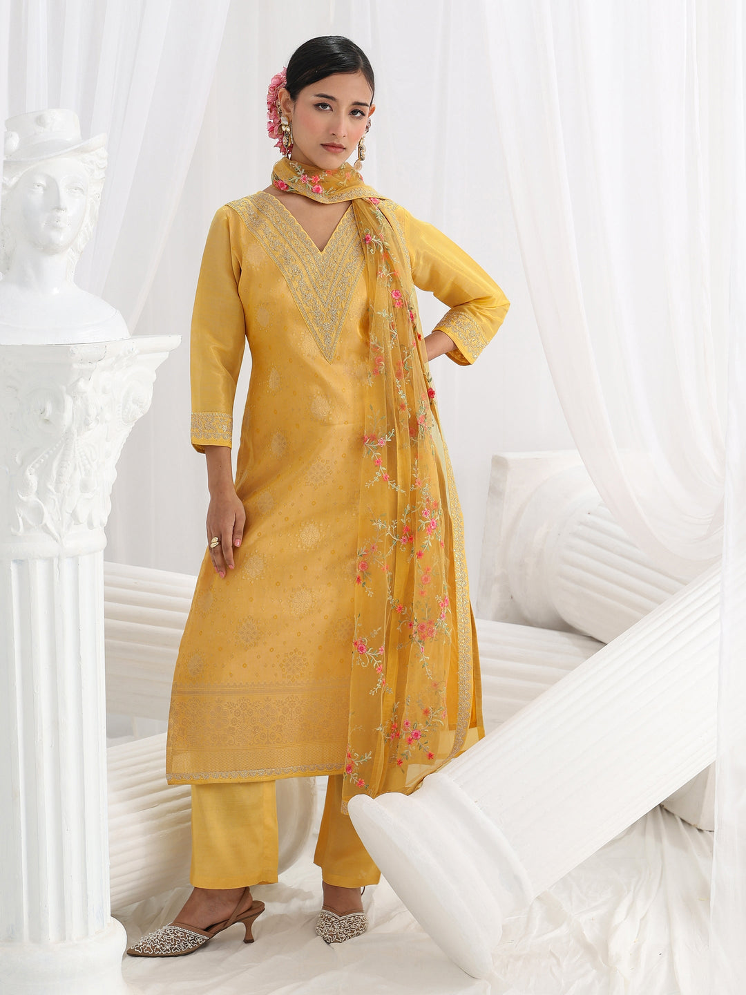  Yellow Embroidered Silk Blend Straight Suit Set With Dupatta 