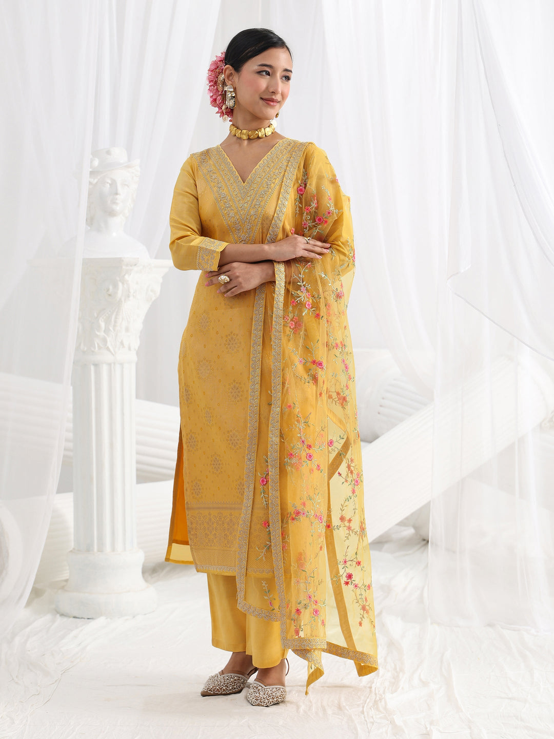  Yellow Embroidered Silk Blend Straight Suit Set With Dupatta 