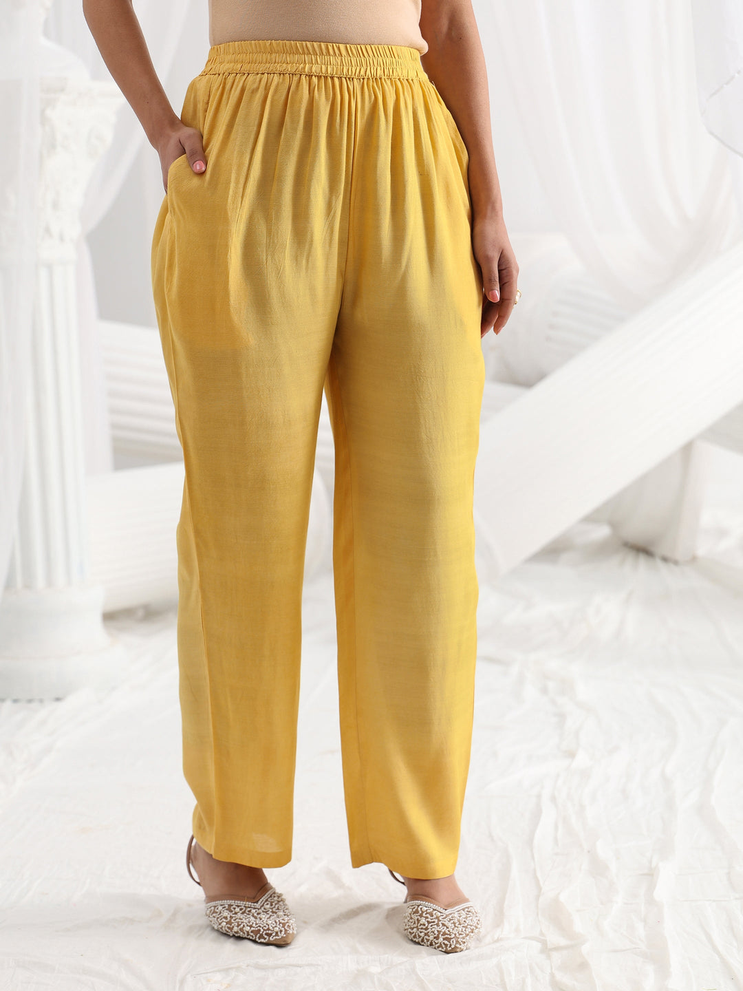  Yellow Embroidered Silk Blend Straight Suit Set With Dupatta 