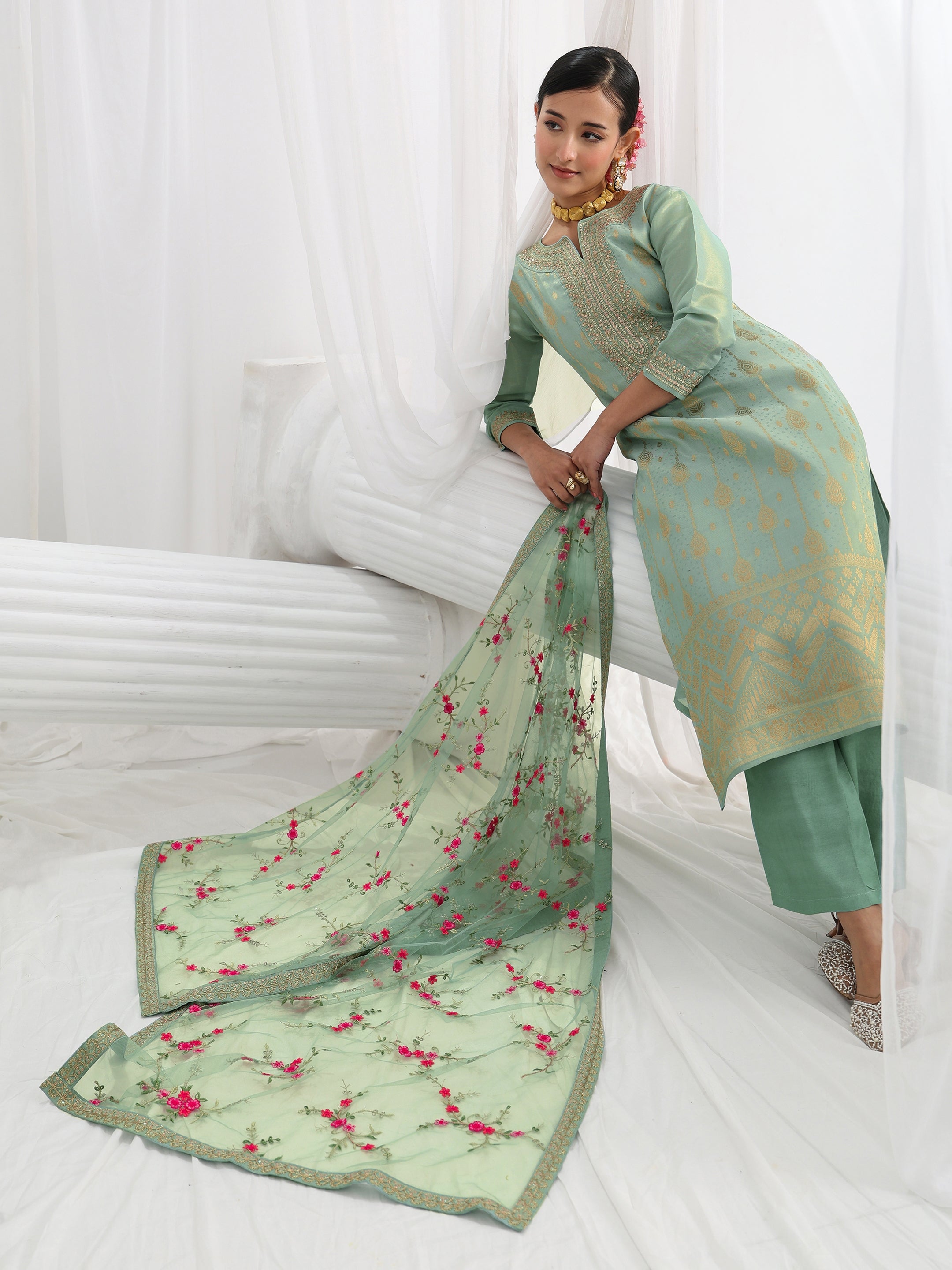 libas Sea Green Embroidered Silk Blend Straight Suit Set With Dupatta-picture-16