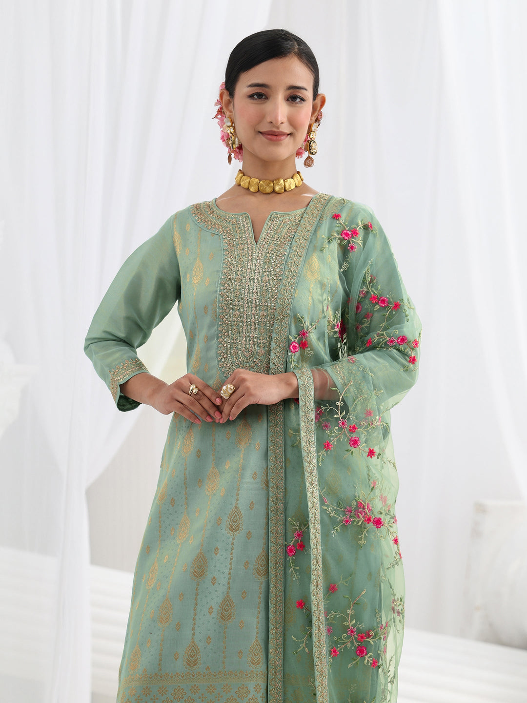 Sea Green Embroidered Silk Blend Straight Suit Set With Dupatta 