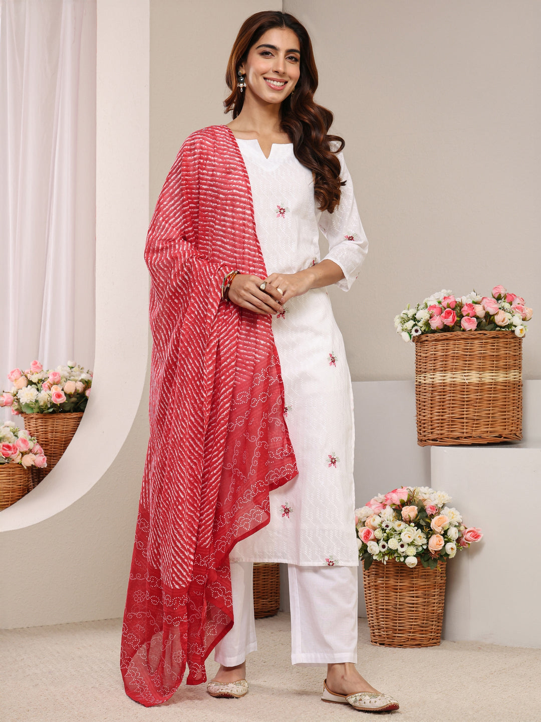  White Floral Woven Design Cotton Straight Suit Set With Dupatta 