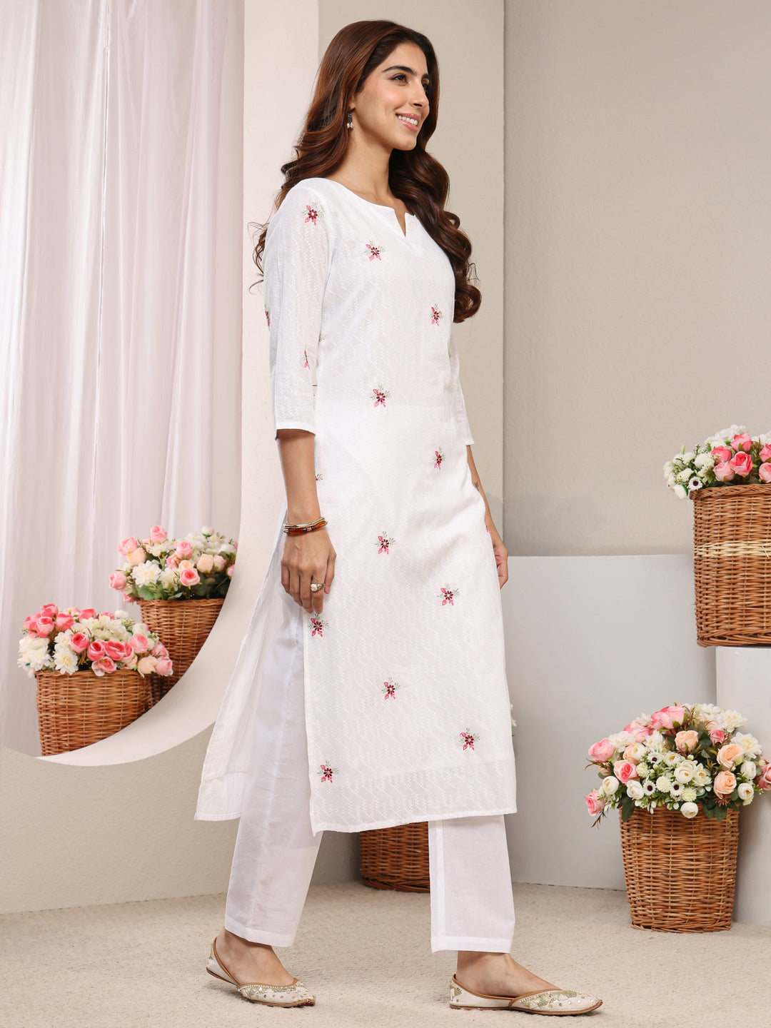  White Floral Woven Design Cotton Straight Suit Set With Dupatta 