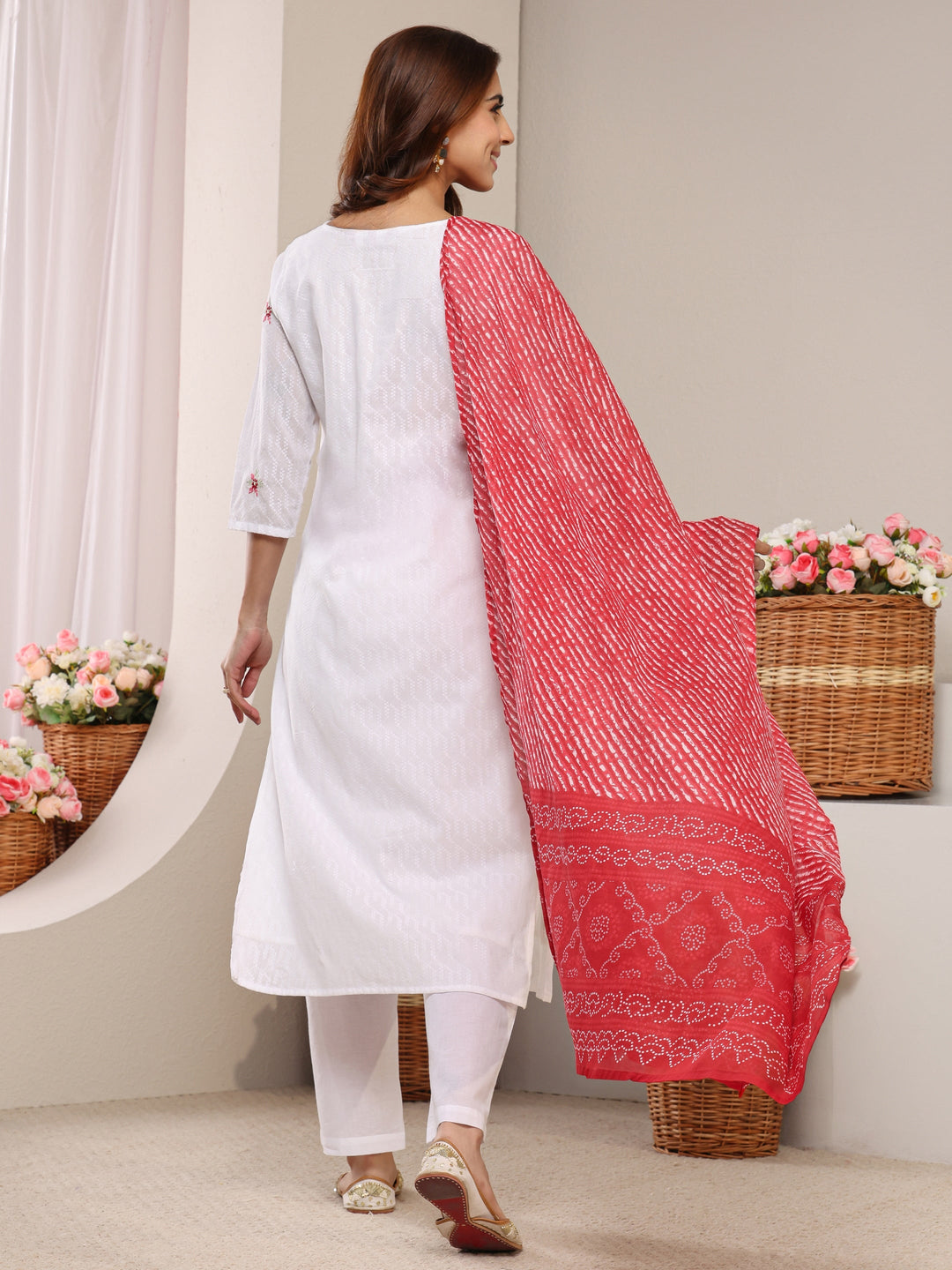  White Floral Woven Design Cotton Straight Suit Set With Dupatta 