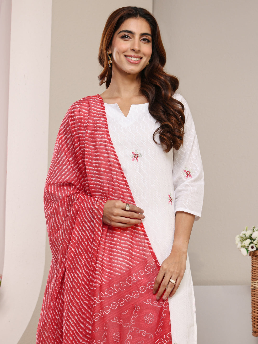  White Floral Woven Design Cotton Straight Suit Set With Dupatta 