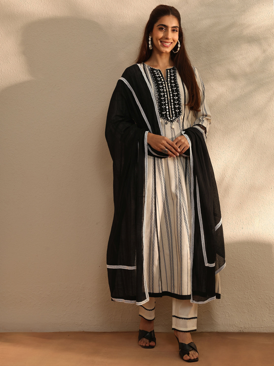 White Striped Woven Design Cotton Blend A-Line Suit Set With Dupatta 