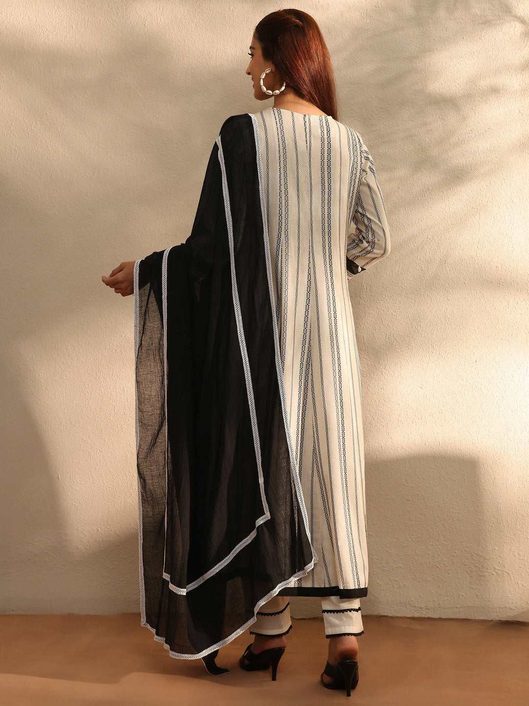  White Striped Woven Design Cotton Blend A-Line Suit Set With Dupatta 