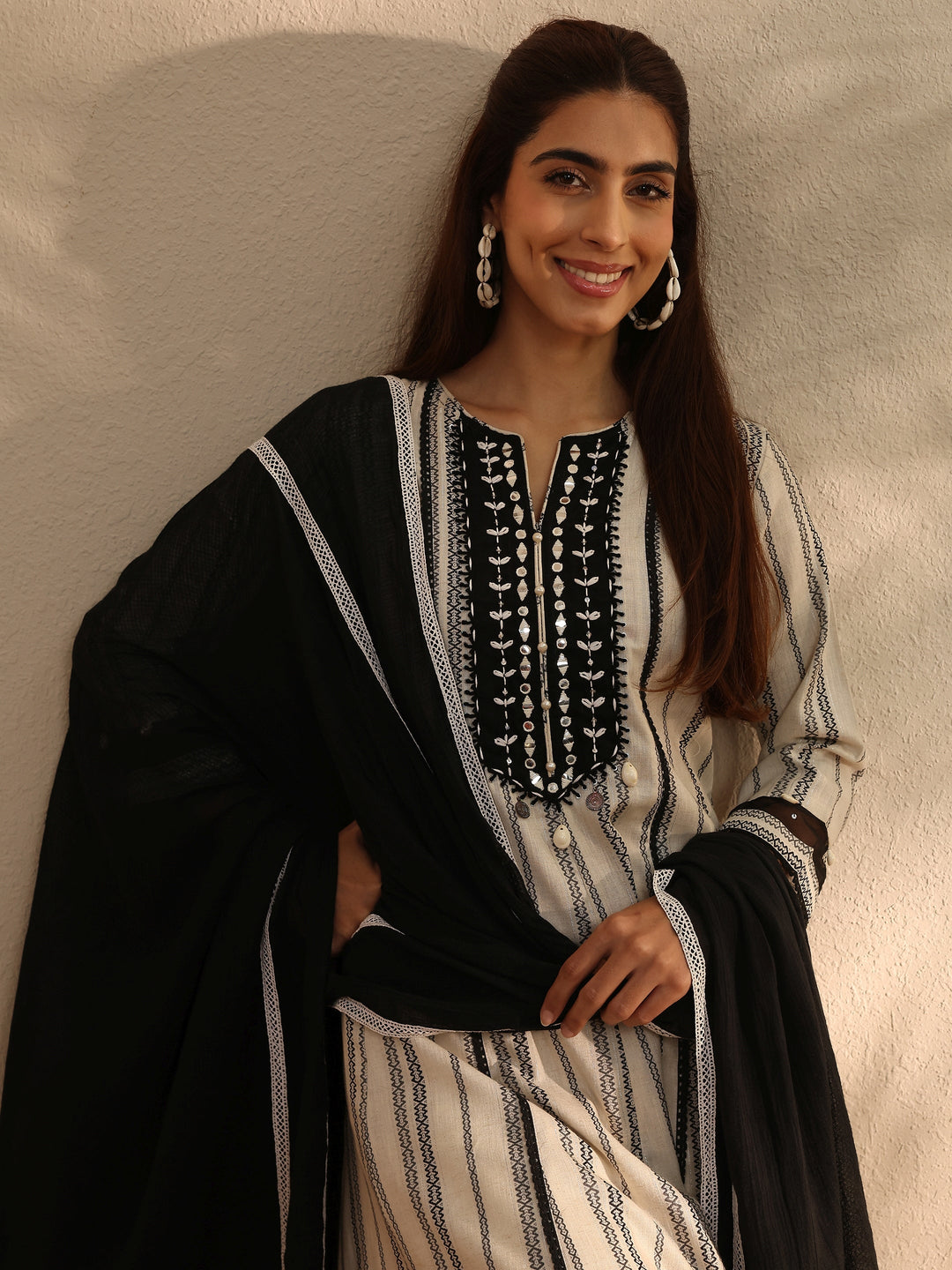  White Striped Woven Design Cotton Blend A-Line Suit Set With Dupatta 