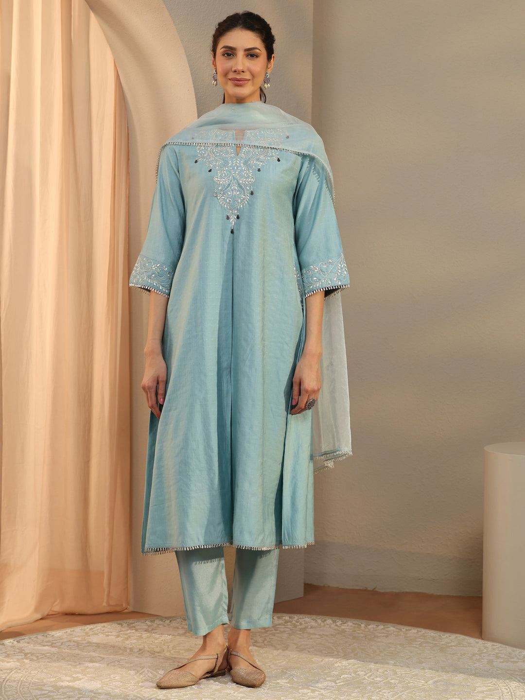  Blue Ethnic Motif Embroidered Silk Blend A-Line Suit Set With Dupatta 