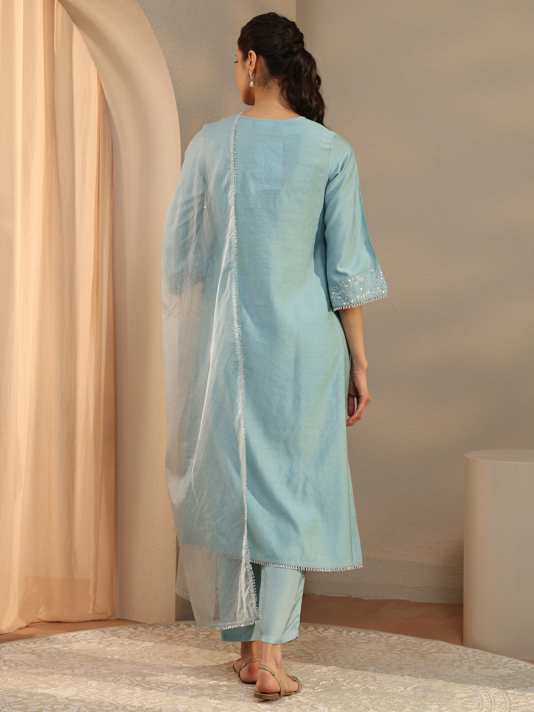  Blue Ethnic Motif Embroidered Silk Blend A-Line Suit Set With Dupatta 