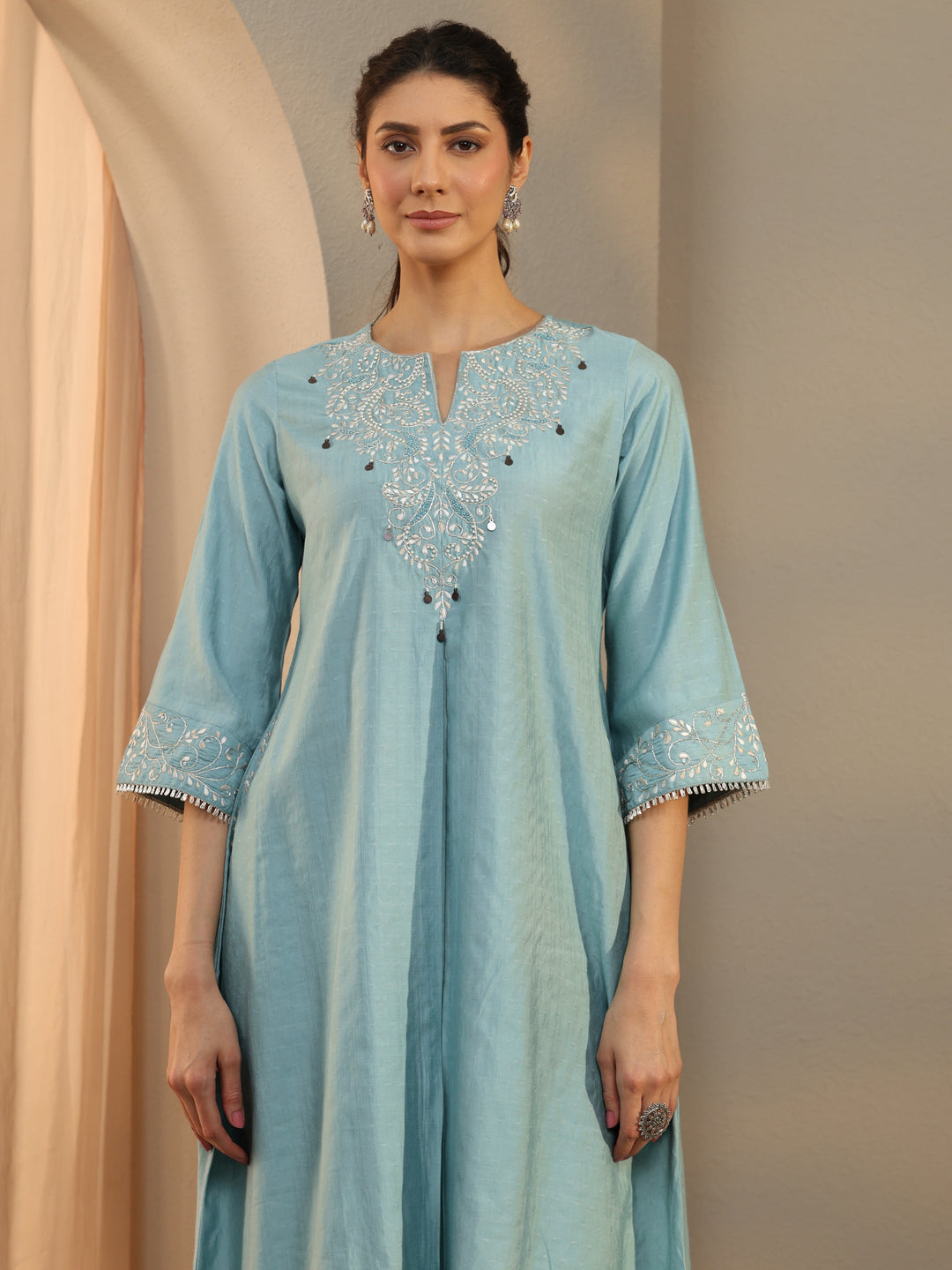  Blue Ethnic Motif Embroidered Silk Blend A-Line Suit Set With Dupatta 