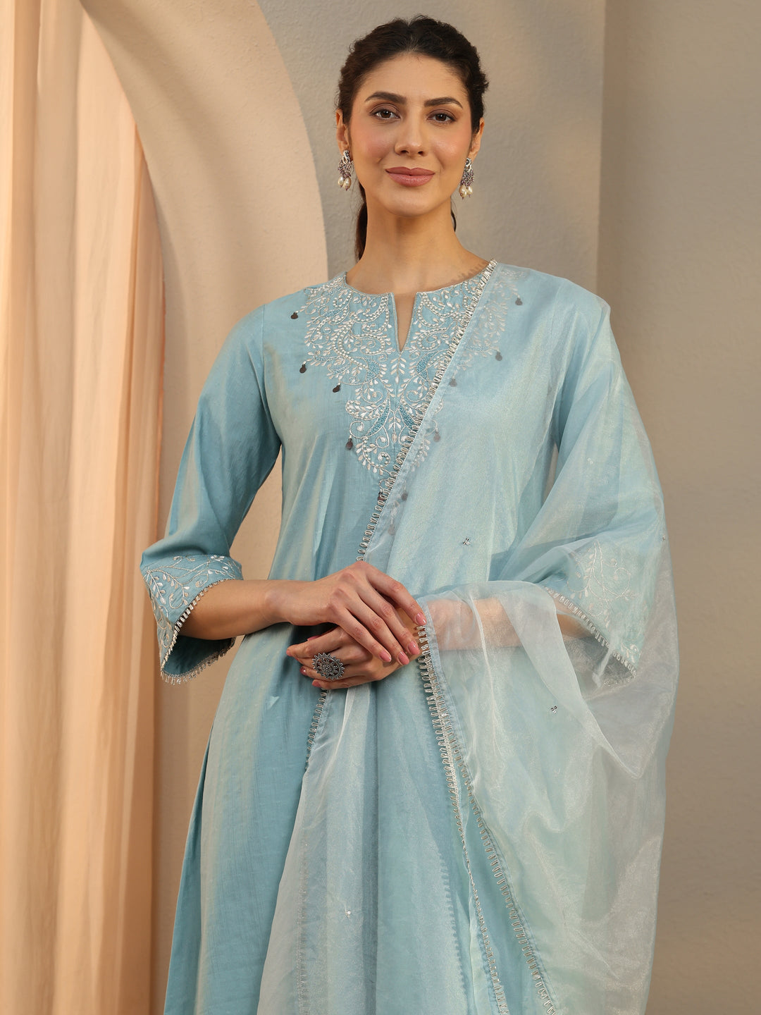  Blue Ethnic Motif Embroidered Silk Blend A-Line Suit Set With Dupatta 