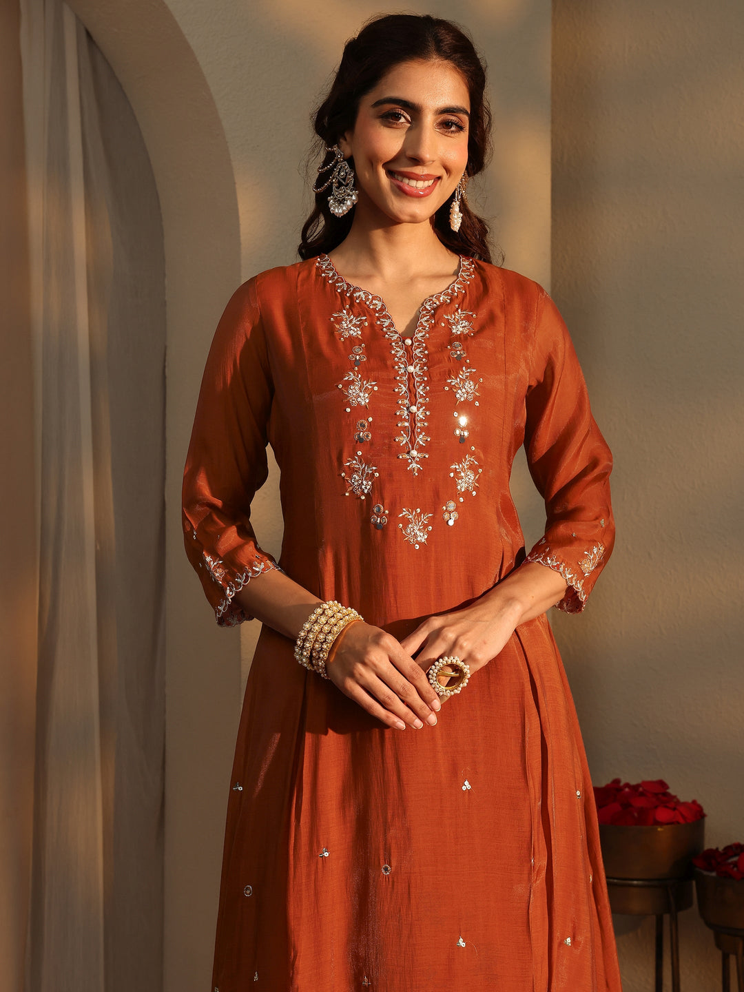  Orange Floral Embroidered Silk Blend A-Line Suit Set With Dupatta 