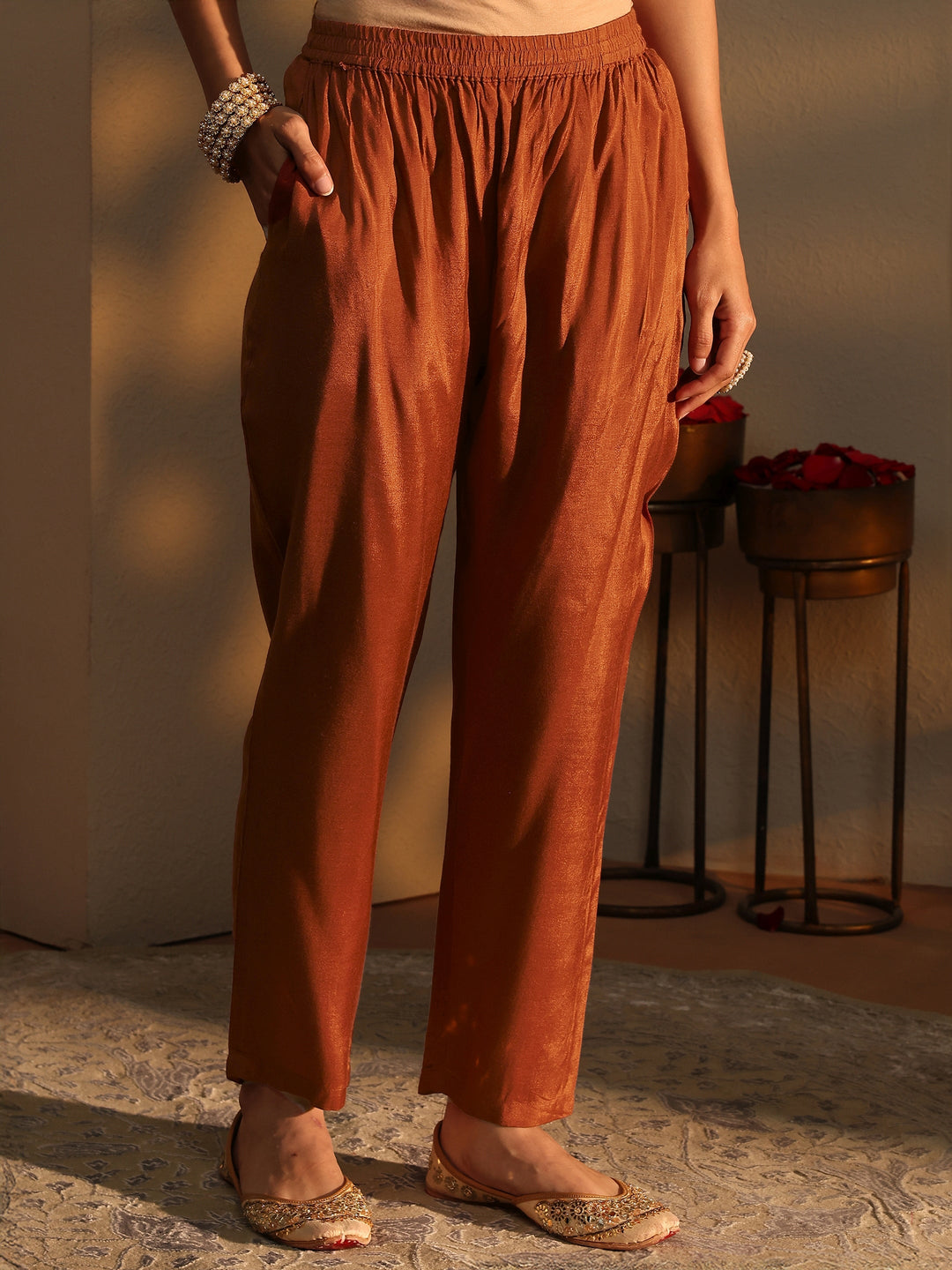 Orange Floral Embroidered Silk Blend A-Line Suit Set With Dupatta 