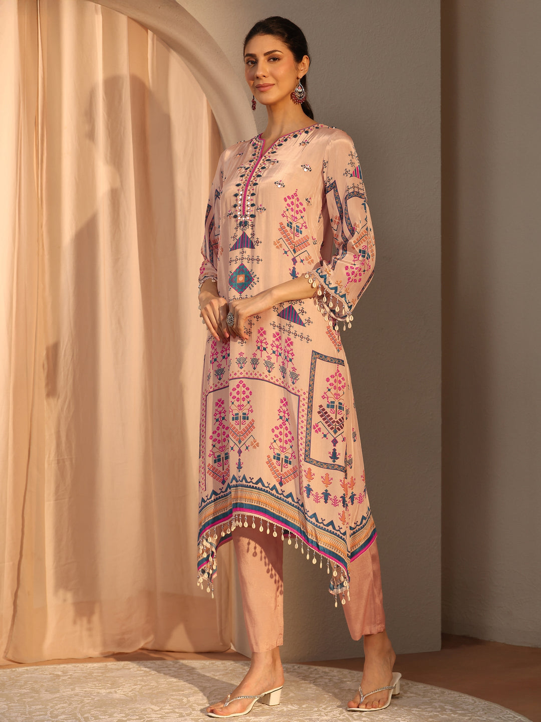  Beige Printed Crepe Straight Suit Set With Dupatta 