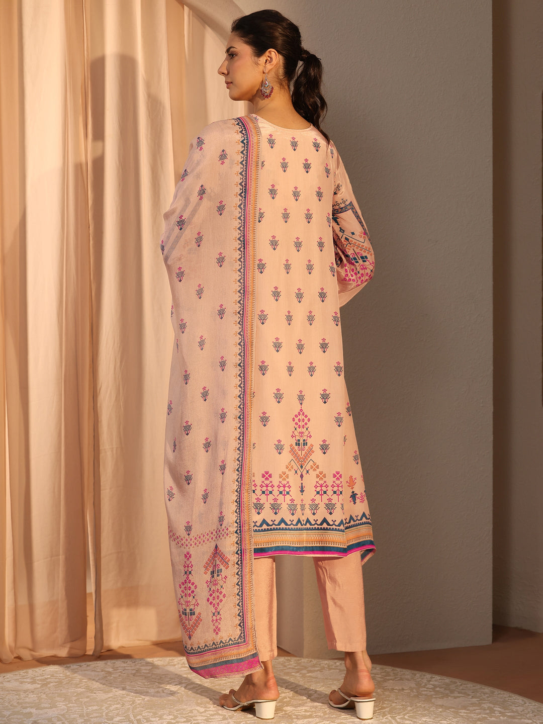  Beige Printed Crepe Straight Suit Set With Dupatta 